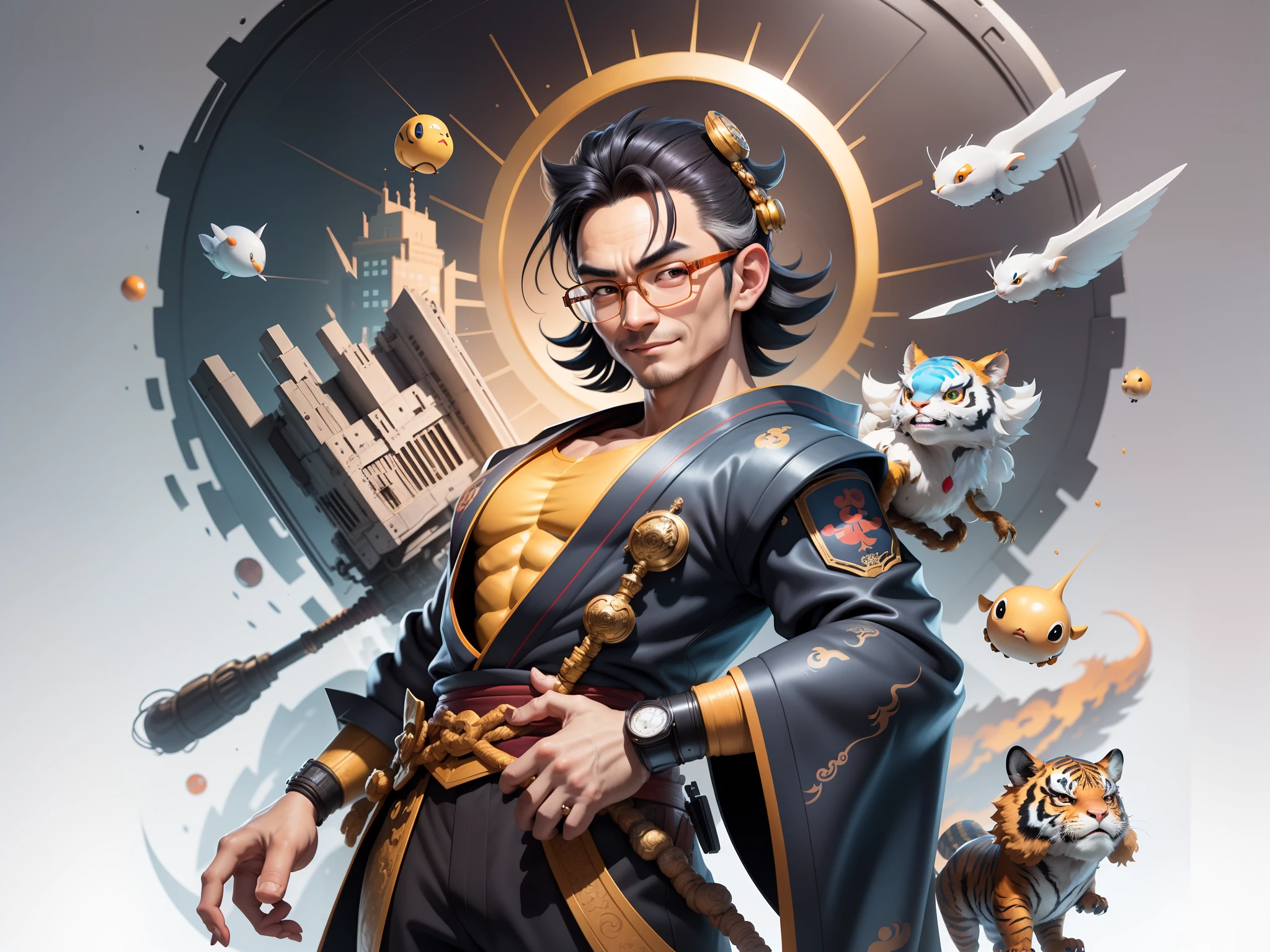 (Masterpiece), (Excellent), (Super Meticulous), (Full Body: 1.2), Super Young Man with Japanese Female Geisha, Pretty, Beautiful, Chinese Dragon, Tiger, Wind God Thor, Sexy, Bursting, Oriental Face, TV Anchor, Bust Portrait Illustration, Black Suit, Blue Tie, Slightly Chubby Face, Silver Glasses, Very Clean Face, No Beard on Chin, Black Super Short Hair, Black Eyes, Confident Smile, 3c Computer Sub-Products, iPad, iPhone, Digital Painting, 3D character design by Mark Clairedon and Pixar and Hayao Miyazaki and Akira Toriyama, the illustrations are HD illustrations in 4K resolution with highly detailed facial features and cartoon-style visuals.