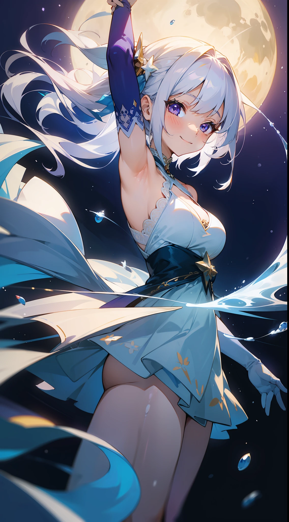 Moon ,Moongazer, 1girl in, Cute, Water, Smile, Asian, Face seen from the side, Fish, Orion, flowingwater, divine ,White hair , Blonde hair ,Purple eyes, dutch_Angle, from a_Below, Floating hair, Large_breasts, Elbow_gloves, floating dress, flowing lace, halterneck,