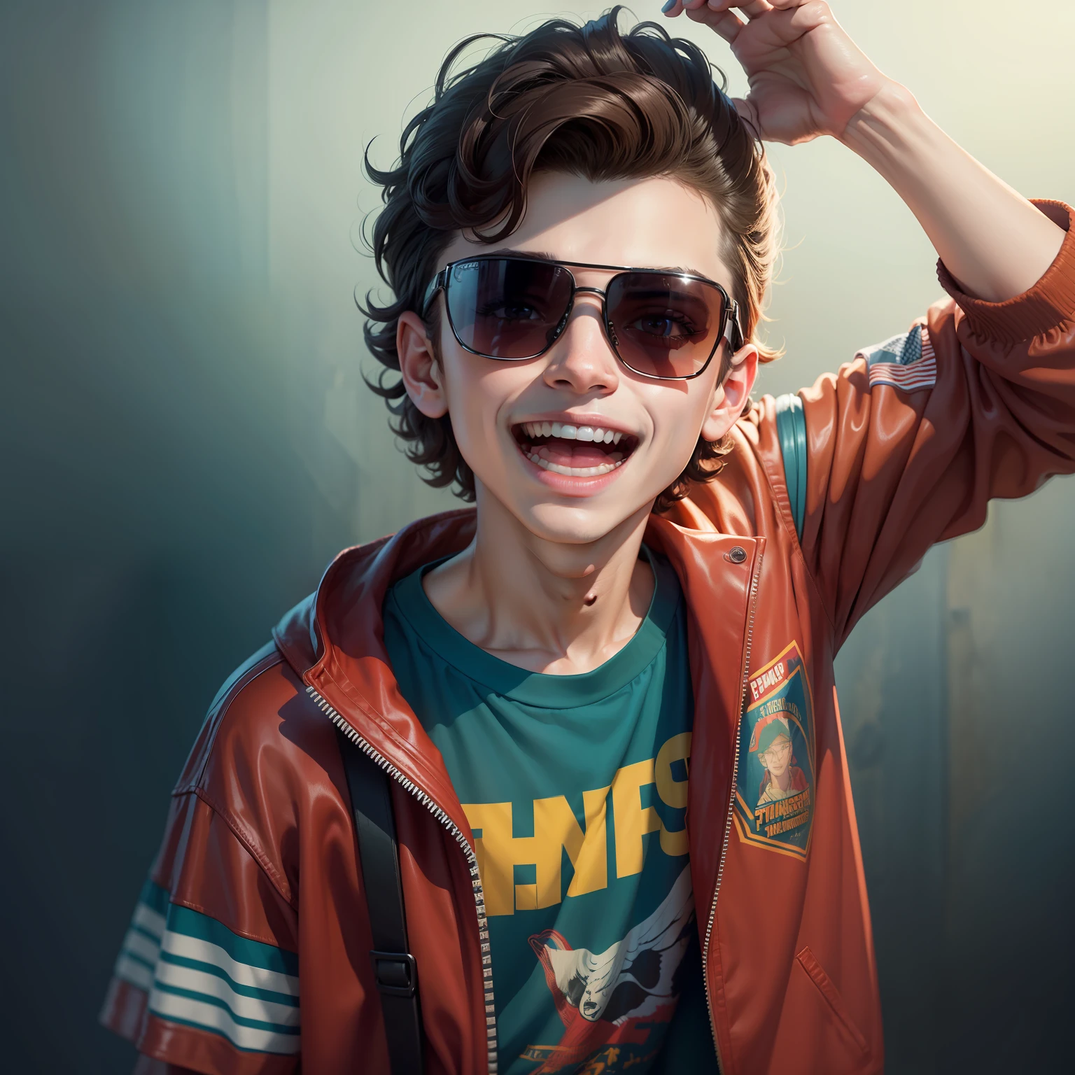 personagem homem adolescente de stranger things, muito detalhado 4k, visual descolado, sunglasses, sorriso de canto