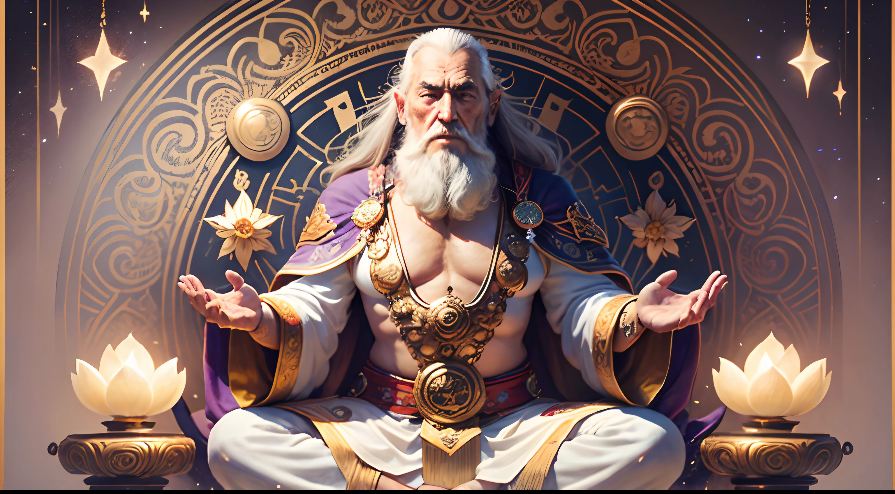 obra-prima, melhor qualidade, Velho oriental, pele bronzeada, Wise, Wise old man, real, A wise and bearded man dressed in white floating in a state of meditation, corpo inteiro, LOTUS POSITION, detalhes em roxo, hiper detalhado, Hiper realista, magical ambiance,