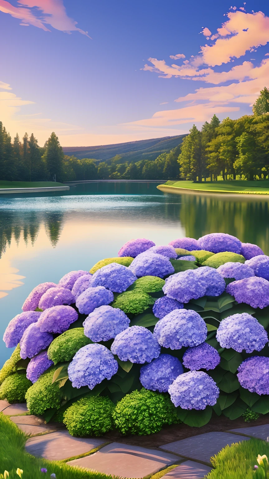 Hydrangeas, park, lake, small hill, pebble path, masterpiece, best quality, anatomically correct, high details, 8K, wallpaper