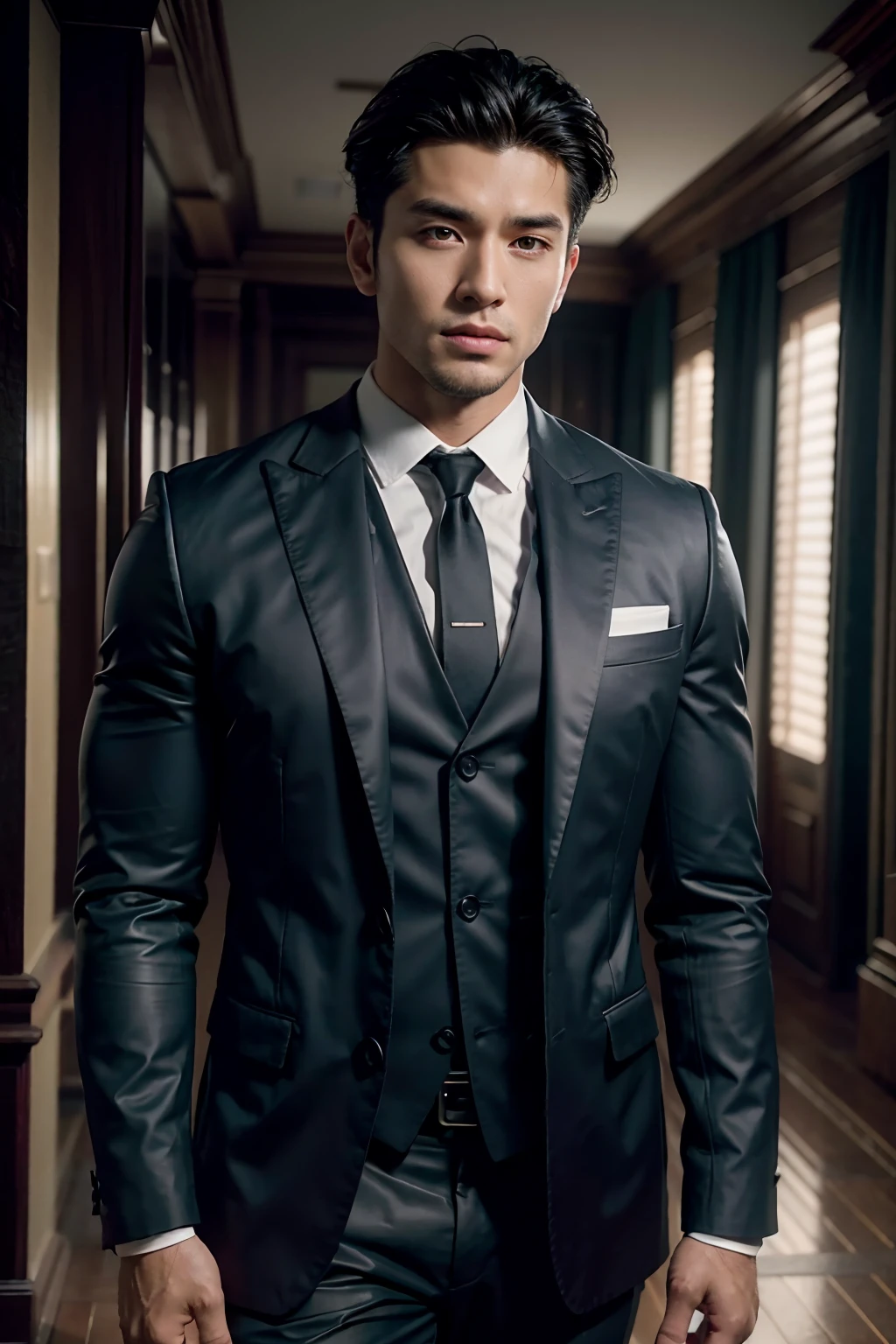 1man,A 25-year-old muscular man,wearing black suits,Upper body,gentlesoftlighting,tmasterpiece,best qualtiy,8K UHD,digital SLR camera,filmgrain,Midjourney and greg rutkowski's Fujifilm XT3 realistic painting art,Large glans,Big ,Asian handsome