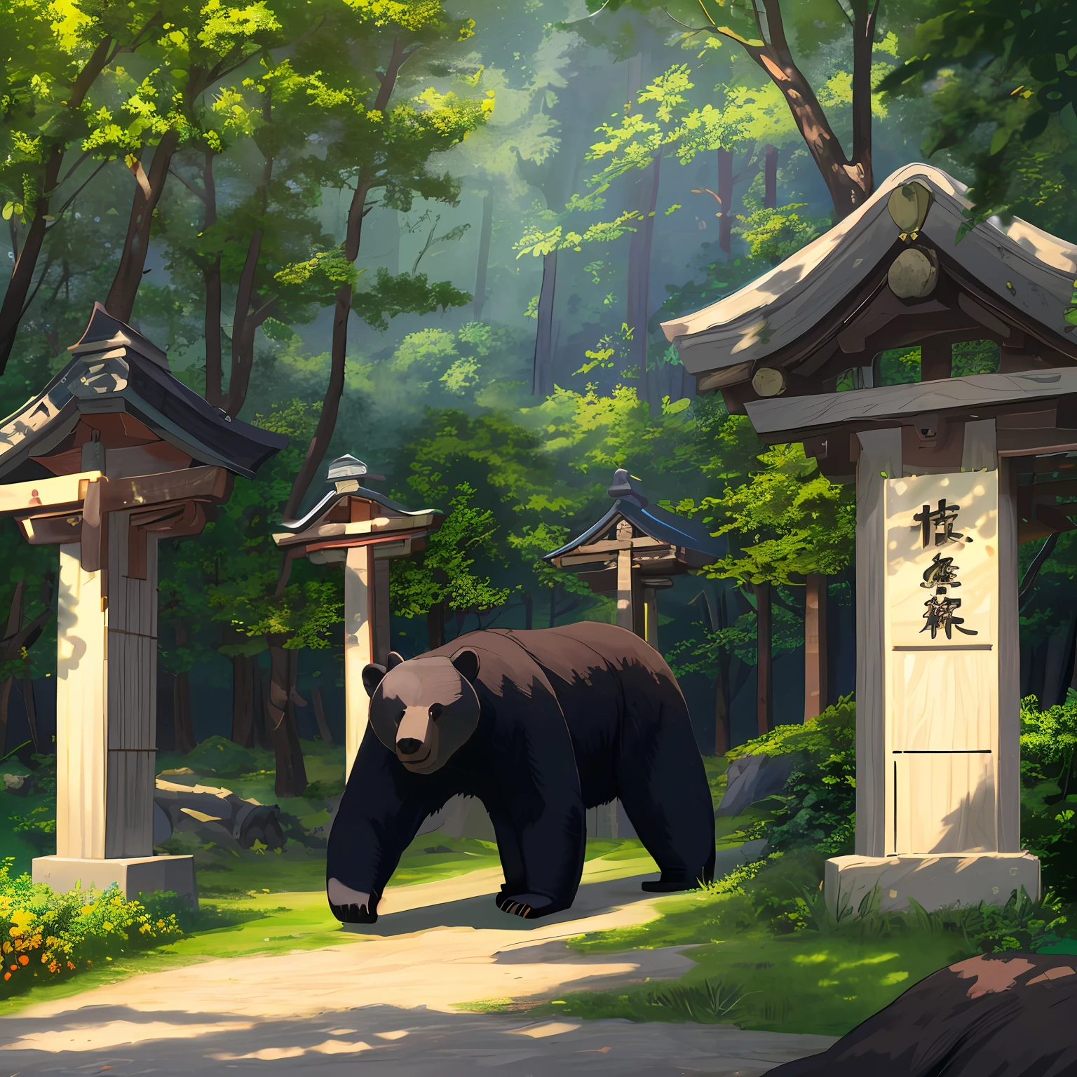 Best Quality, (Very detailed CG Unity 8K wallpaper) (Best Quality), (Best Illustration), (Best Shadows) 、in woods、(((Black bear)))、shrines、(Red torii gate:0.6)、jpn