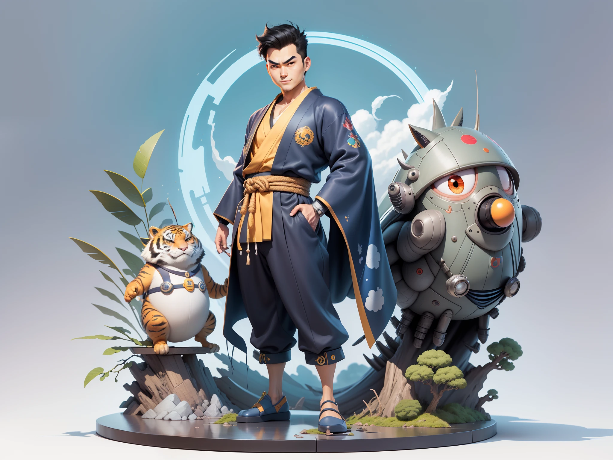 (Masterpiece), (Excellent), (Super Meticulous), (Full Body: 1.2), Super Young Man, Oriental Face, Japanese Kimono, Japanese Wind Thunder God, Dragon, Tiger, TV Anchor, Bust Portrait Illustration, Alone, Black Suit, Blue Tie, Slightly Chubby Face, Very Clean Face, No Beard, Black Super Short Hair, Black Eyes, Confident Smile, 3c Computer Sub-Products, iPad, iPhone, Digital Painting, 3D Character Design by Akira Toriyama and Mark Claireden and Pixar and Hayao Miyazaki, The illustration is a high-definition illustration in 4K resolution with very detailed facial features and cartoon-style visuals.