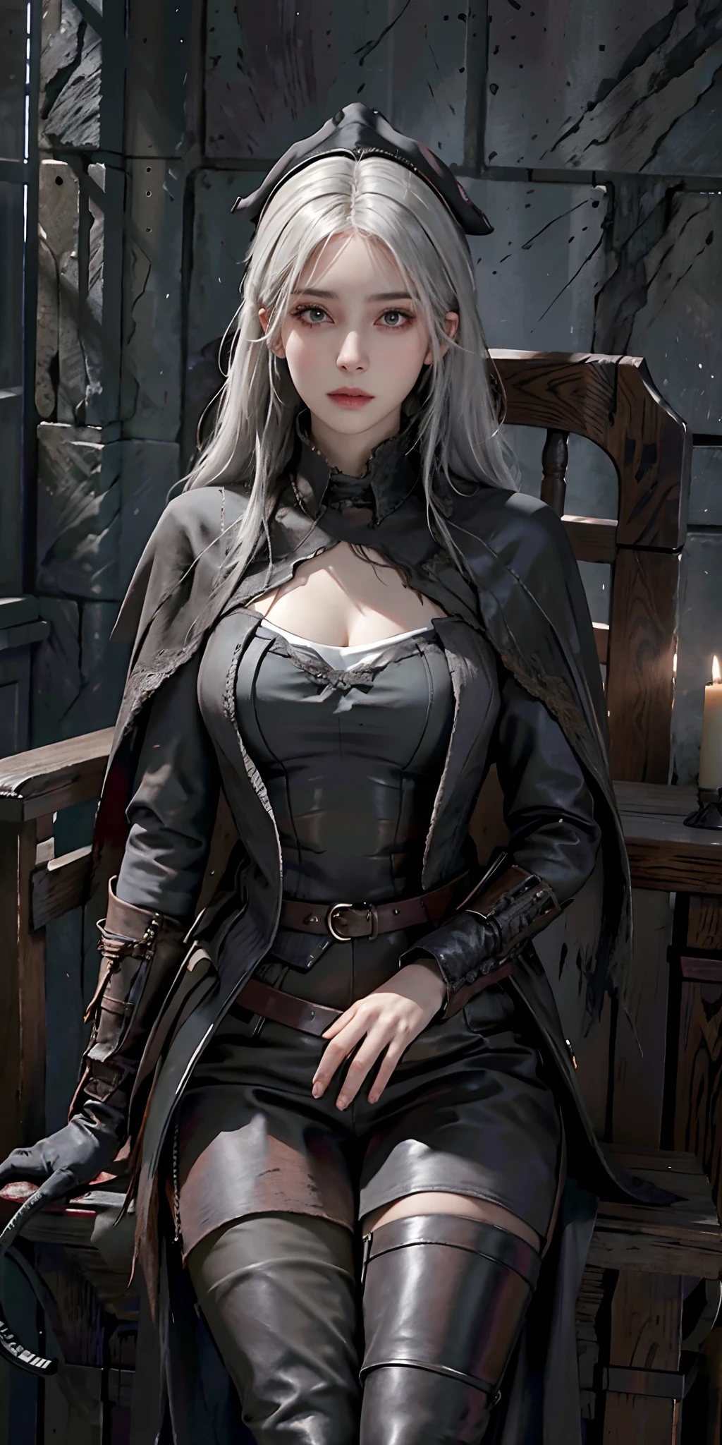 photorealistic, high resolution, soft light,1women, solo, hips up, look at viewer, (detailed face), white hair, edgBB, torn clothes, coat, vambraces, bloody neckcloth, black capelet, capelet, hunter (bloodborne), black gloves, arms at sides, tricorn hat, belt, woman wearing edgBB_outfit, dark room, candles, sitting on throne, jewelry