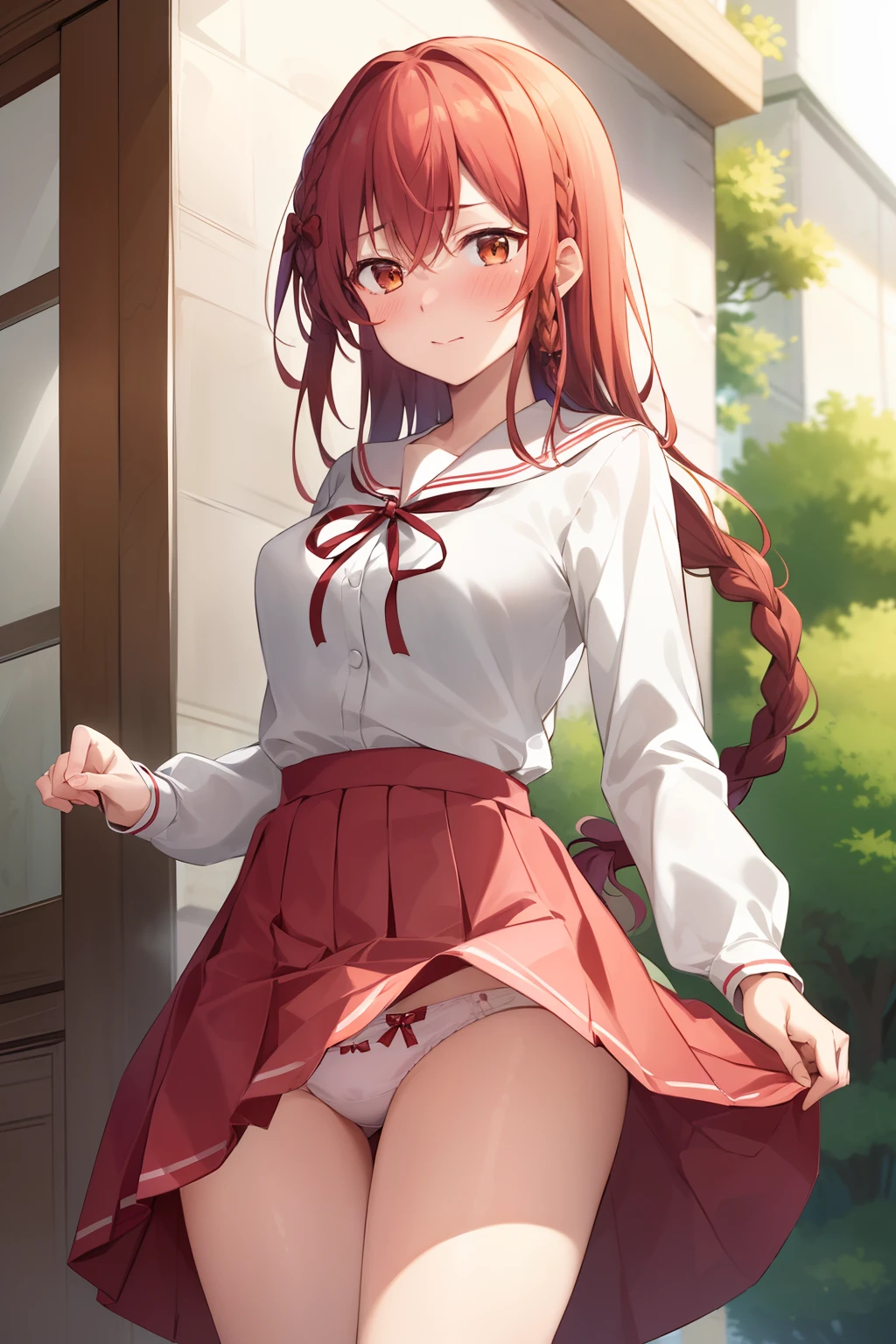 2d, masterpiece, best quality, anime, highly detailed, 1girl, solo, sumi, looking at viewer, single braid, side braid, hair bow, white bow, white shirt, long sleeves, sailor collar, red ribbon, red skirt, pleated skirt, embarrassed, blush, from below, panties, lift Skirt