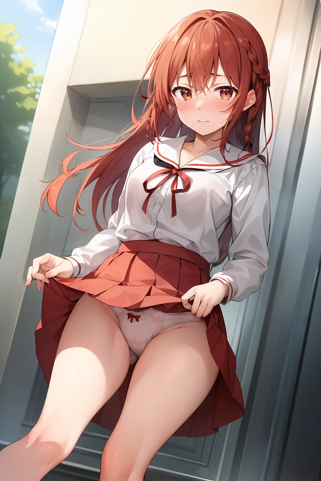 2d, masterpiece, best quality, anime, highly detailed, 1girl, solo, sumi, looking at viewer, single braid, side braid, hair bow, white bow, white shirt, long sleeves, sailor collar, red ribbon, red skirt, pleated skirt, embarrassed, blush, from below, panties, lift Skirt