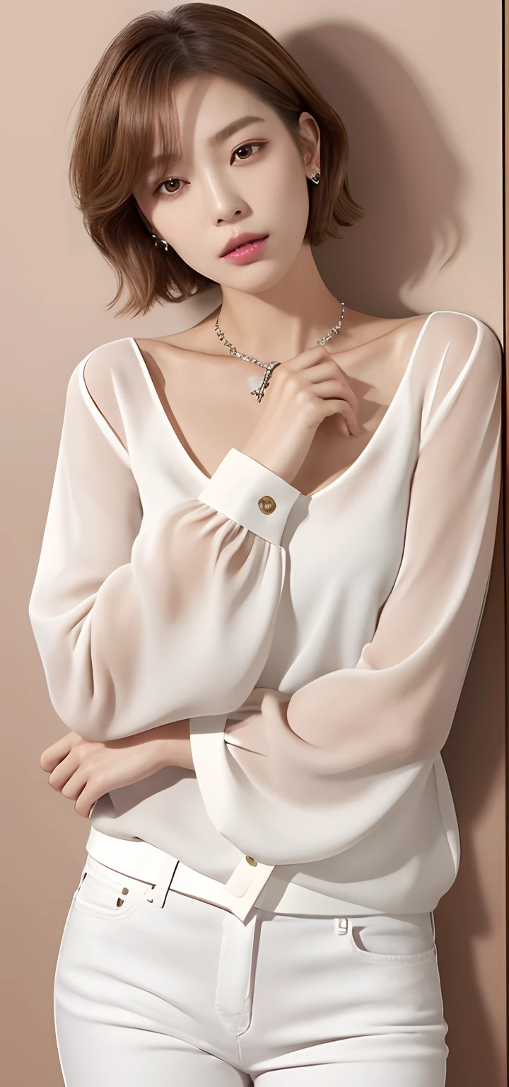 ((masutepiece, of the highest quality, High Definition)),(Woman in photo posing in white pants and brown tuck-gather blouse:1.2), Van Cleef & Arpels style, Bvlgari style, Cartier style, lv jewelry, chaumet style, Bvlgari Jewelry, white trendy clothes, Cute:2, lulu chen,Elegant makeup, (Elegant berry shorthair, short haircut with visible ears,,,,Light brown hair color: 1.4)