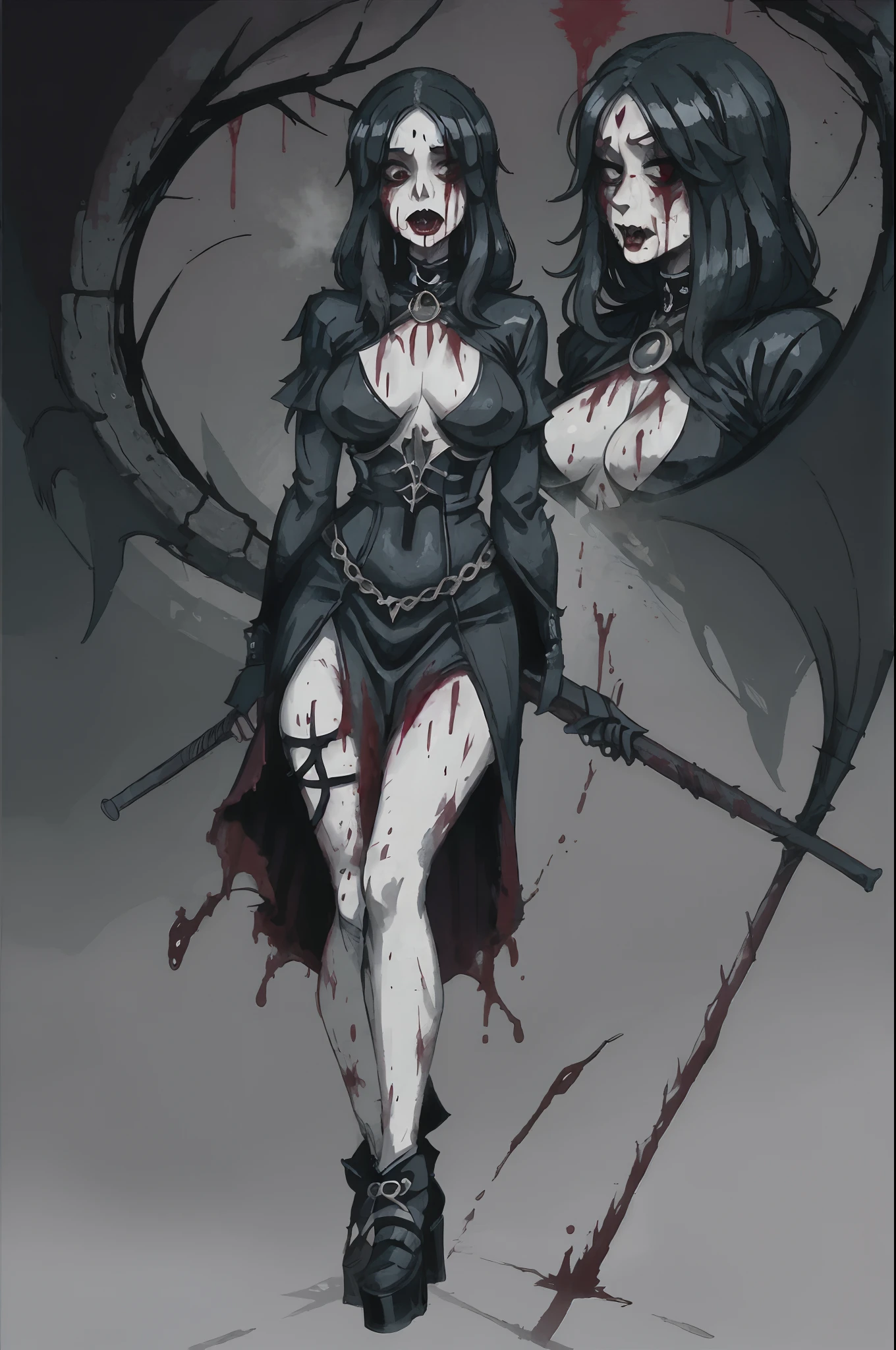 ((1girl)),[ dark soul, detail background, ((mong)), horror \(style\),  warm colors,] full body girl goth bloody flesh ancient goddess female