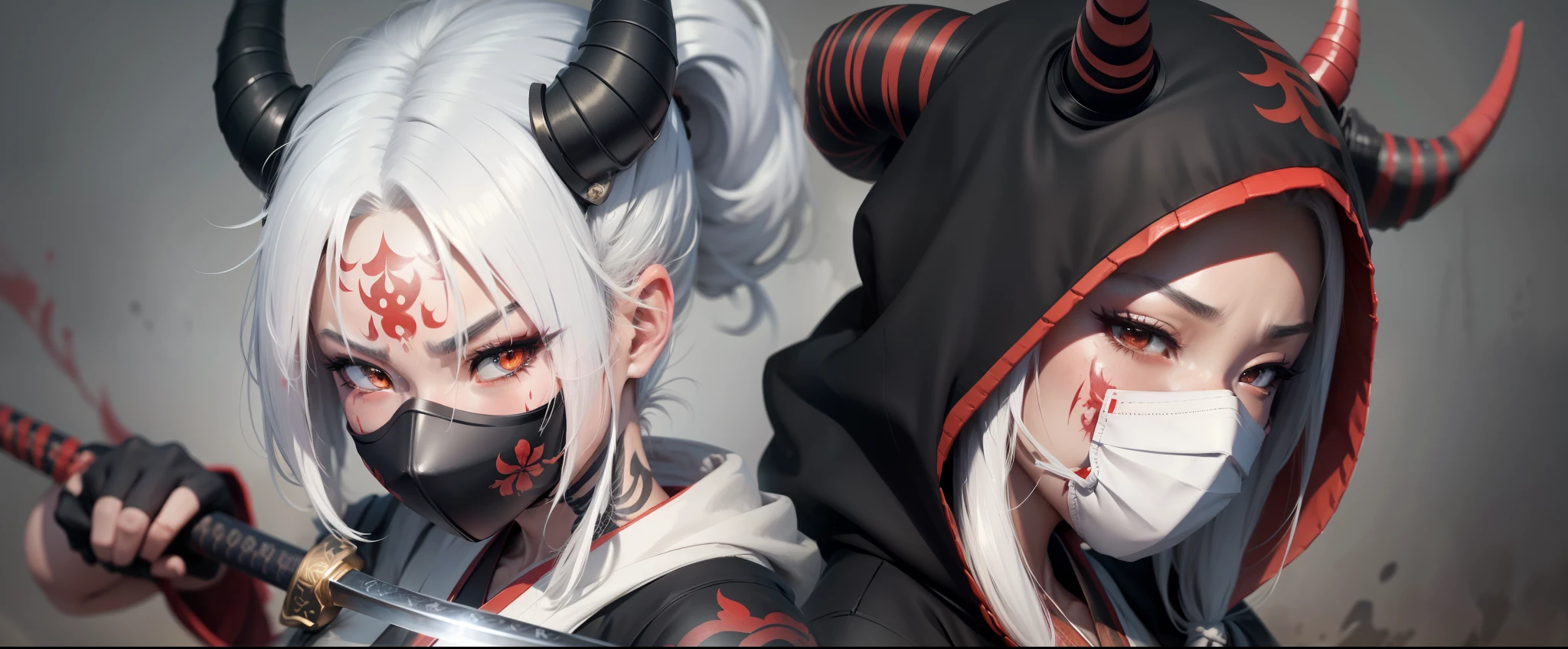 Samurai Fighter Girl scene, Wearing an japanese oni face mask, Oni tattoo, With horns on the head, Hooded girl, White hair, With Katana Sword, Sword in Hand, Japanese style, Dark bloody background, Cinematic, 31:9, Ultra wide, Wallpaper, Wide format