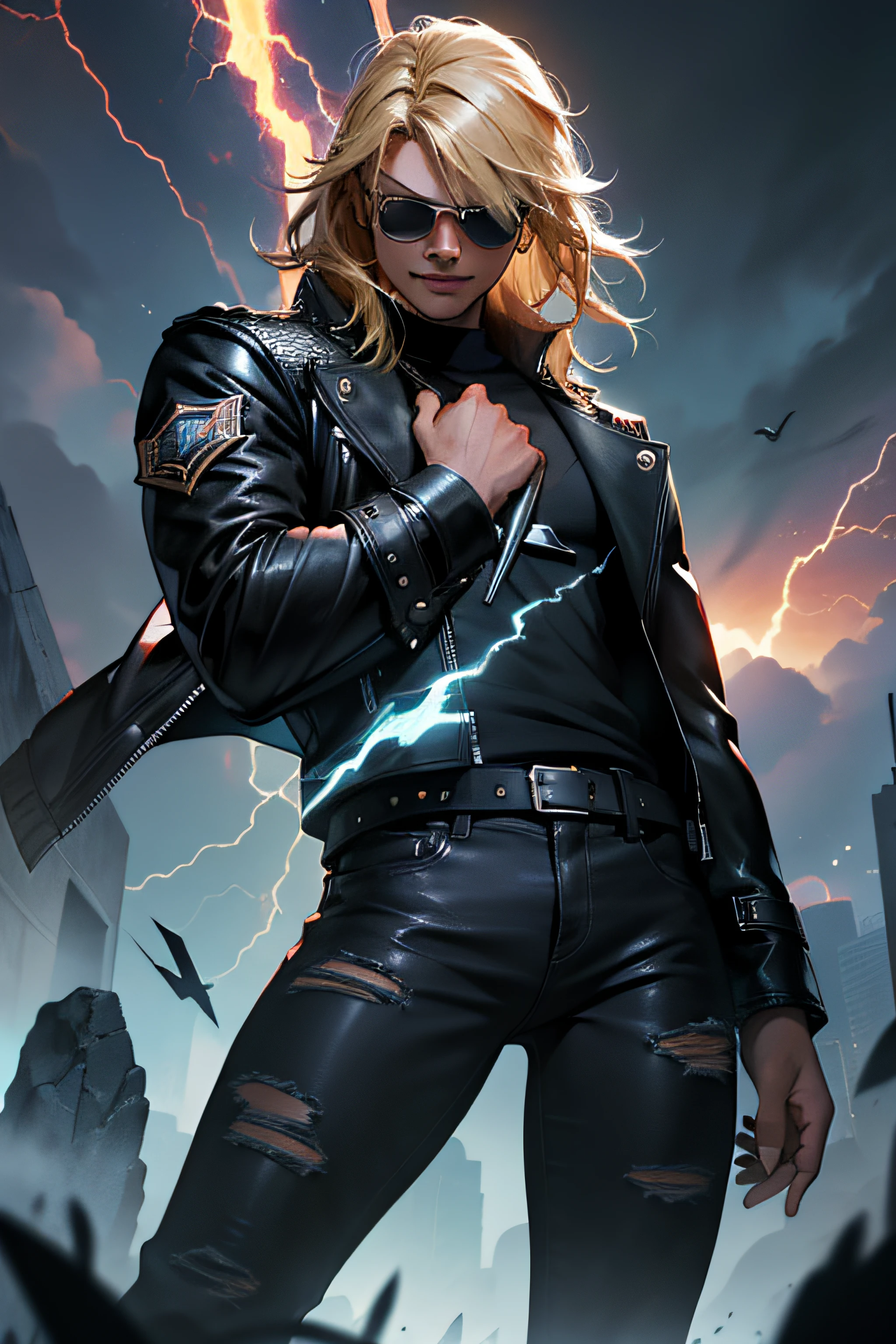 (master piece, obra prima, melhor qualidade), absurdos, 1 solo Thor with leather jaketa clothes and black jeans, (pose: Michael Jackson), with sunglasses, raios ao redor de si, thunders, thunders , cabelo blond, cabelo longo, roupas pretas, vestes pretas, Nebula and smoke, pano preto, both hands together holding a lightning bolt, a thunder, tempo fechado, tempo nublado, Tempo escuro, Cidade, raios ao redor , com o planeta terra no fundo, and lightning in the hand