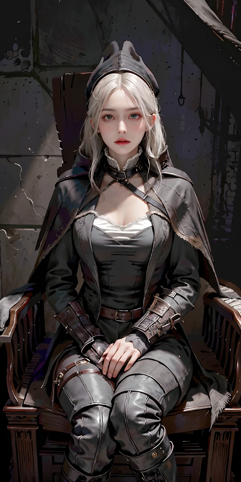 photorealistic, high resolution, soft light,1women, solo, hips up, look at viewer, (detailed face), white hair, edgBB, torn clothes, coat, vambraces, bloody neckcloth, black capelet, capelet, hunter (bloodborne), black gloves, arms at sides, tricorn hat, belt, woman wearing edgBB_outfit, dark , candles, sitting on throne, jewelry