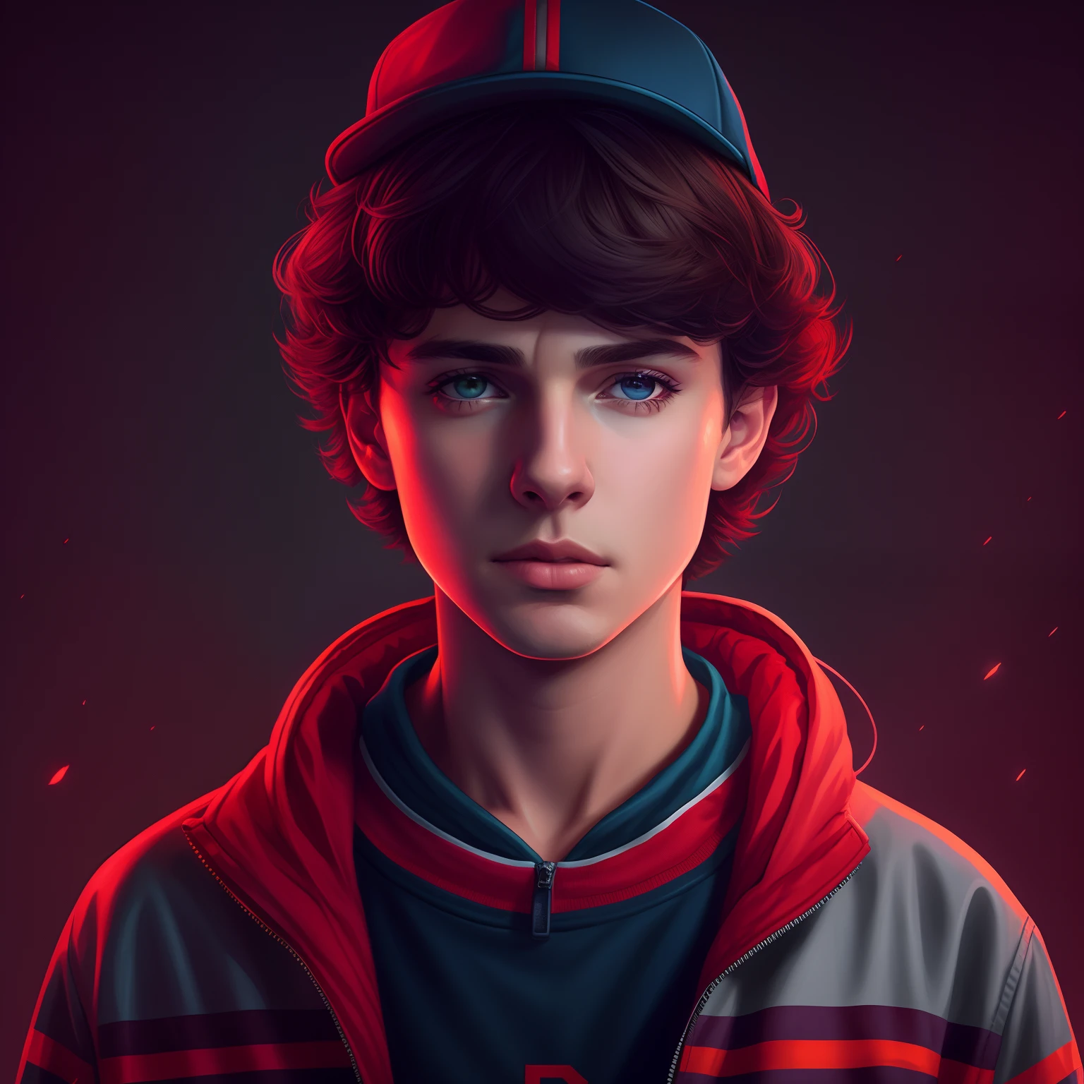 There's a boy with a cap on his head, personagem coisas estranhas, estilo de coisas estranhas, coisas estranhas vecna, fan art, retrato de alta qualidade, hq 4k papel de parede, Epic portrait illustration, Arte da sede, coisas estranhas, Retrato de Jughead Jones, fanart detalhado, Wojtek FUS, upside down stranger things, hyperrealistic illustration, cartaz de coisas estranhas, sunglasses