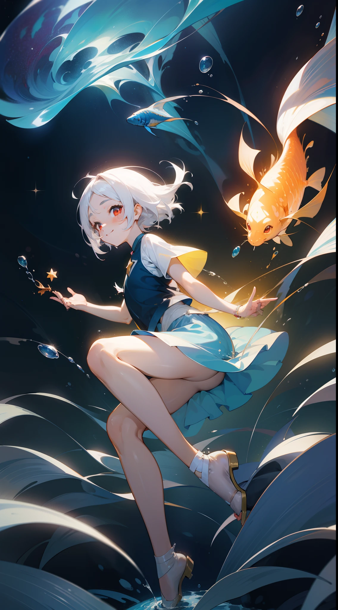 Star ,Stargazer, 1girl in, Cute, Water, Smile, Asian, Face seen from the side, Fish, Orion, flowingwater, divine ,White hair , dutch_Angle, up looking_Down, Thick_thighs thighs thighs thighs, Short hair, Parted bangs, Hair pulled back, Grey Hair, doyagao, Red Eyes, Bracelet, vests, spark of light, Beautiful and detailed bubbles, Deep sea background,