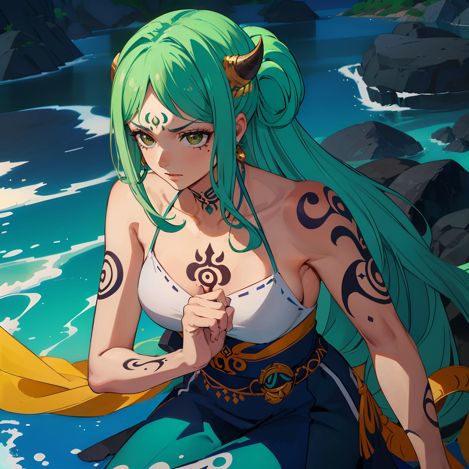 (uma garota com cabelos verdes:1.3, olhos roxos:1.2, roupas pretas, Upper Arm Tattoo, seios grandes, Oni race, Despite its breed it has only 1 horn which is located above its eyebrow on the right side)