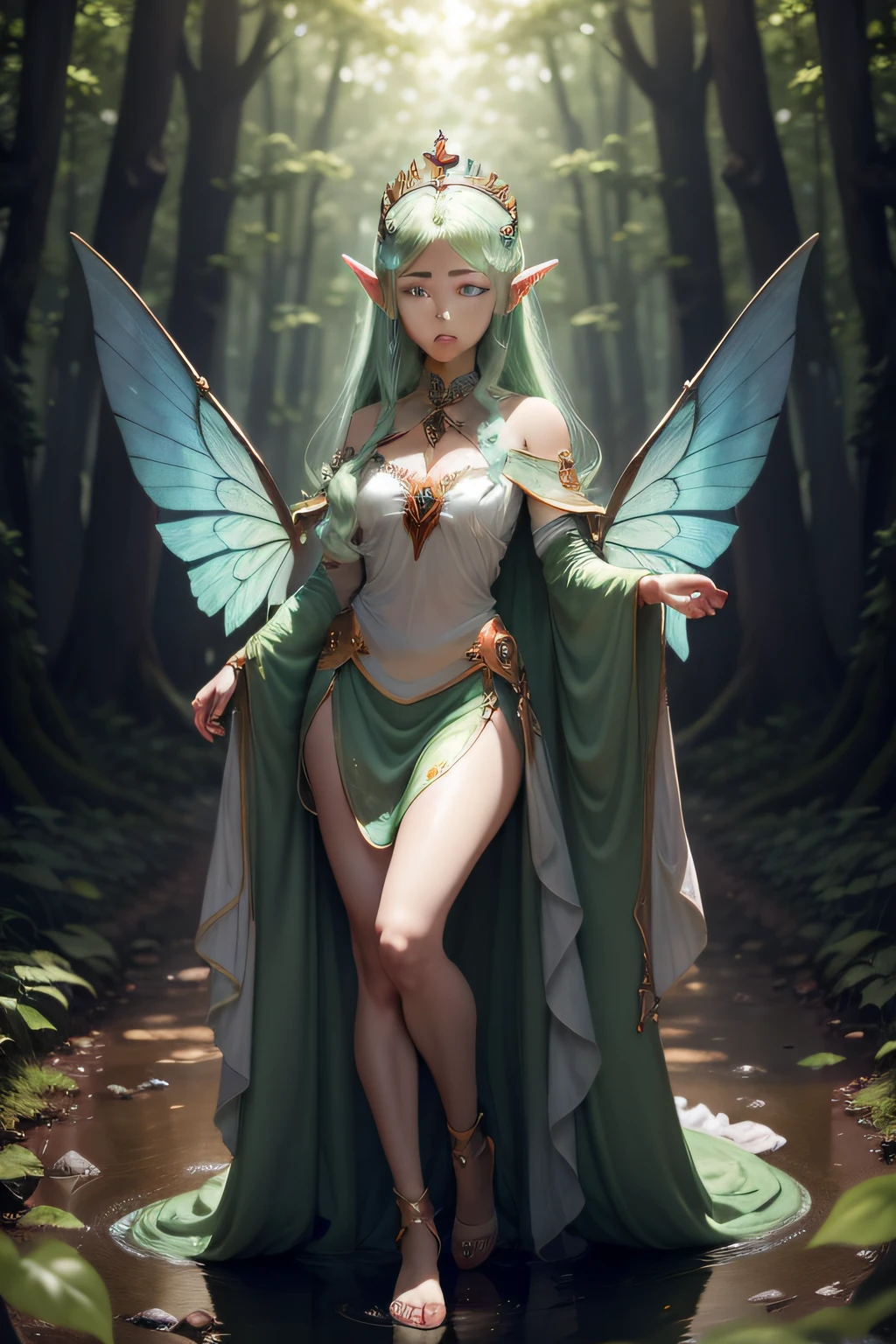Full Body Portrait, Forest Elf, (Best Quality, 8K, Masterpiece: 1.3), Green Hair, Small Body, (Beautiful Detailed Eyes), (Super Detail), (Desktop Wallpaper), ( detailed face), ray brightness, optical, panoramic lighting, atmospheric perspective, dawn, anti-aliasing: 5D, light painting, color, beautiful face, perfect body beauty: 1.4, clear facial features, symmetrical transparent wings, stunning details, simple fixation They approached the island, and the crown floated up to the princess's head, while a magical aura surrounded Julius.