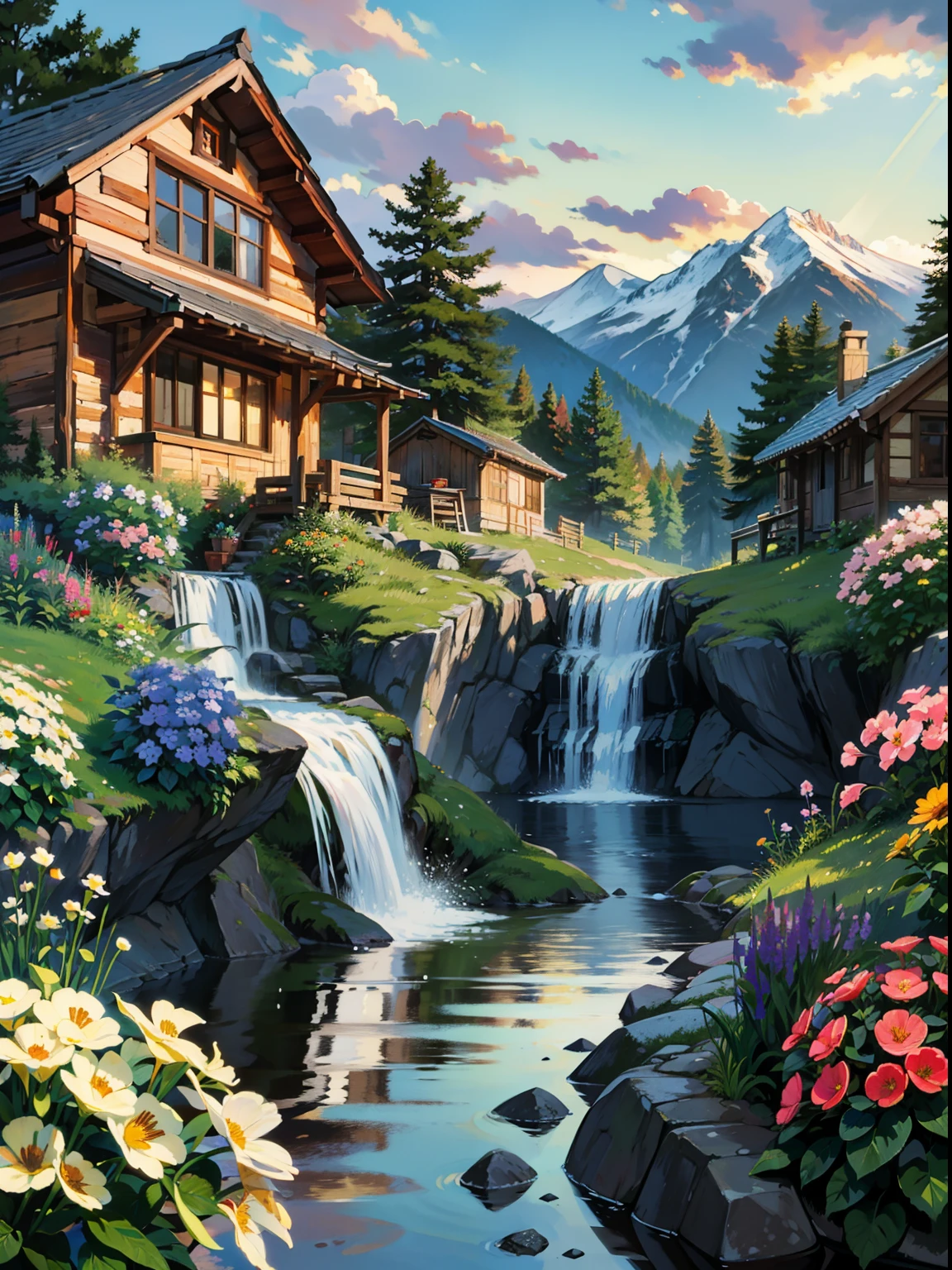 Illustration of mountain dwellings, waterfalls in the backyard, a beautiful brick trail lead to a beautiful flowering garden, children play at sunny dusk in a beautiful grassy garden, amazing snows, birds draw the skies