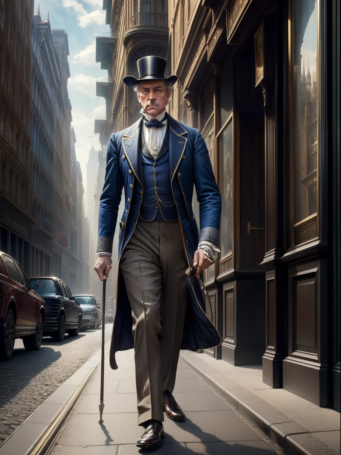Professional photorealistic artwork of a ((Victorian Englishman))with walking cane in present day Modern New York USA, masterpiece hyper realistic fantasy art by Don Lawrence, sharp focus, insanely detailed and intricate, hyper maximalist, Professional color grading by Kenneth Hines Jr., centered