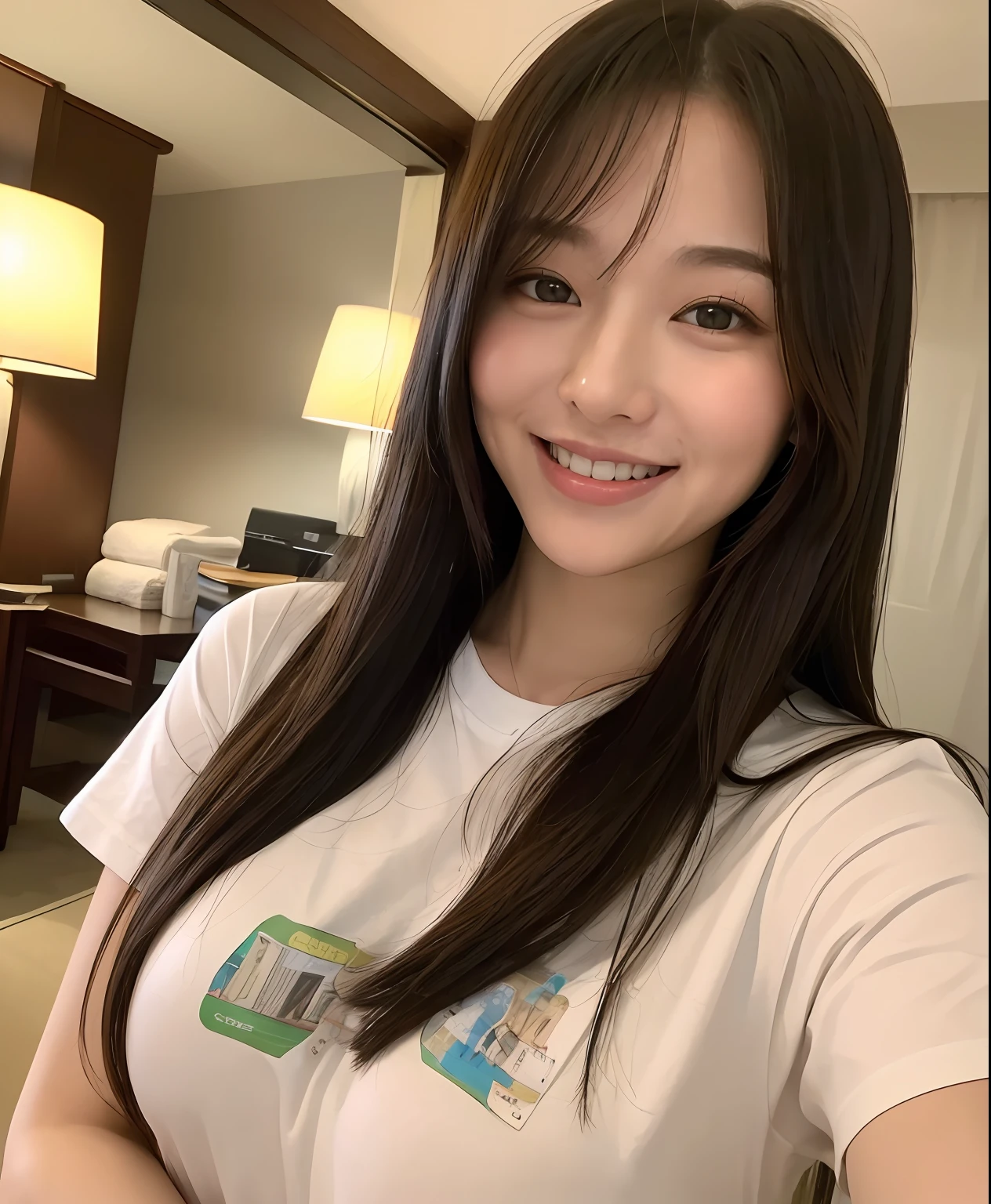 ((top-quality、in 8K、masterpiece:1.3))、1girl in、Beautiful woman with plump abs emphasized:1.3、(The long-haired、Colossal tits:1.2)、Reading at the hotel、Super delicate face、wholesome、二重まぶた、A smile that showed teeth、Random Color T-Shirt、Looking at the camera、Big smile、Look here、Look at me with your eyes wide open、Cozy feeling、tshirts