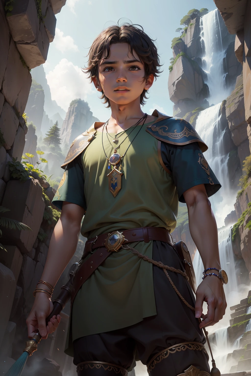 "Iriapu,  indio de 8 anos, hero of the book 'The Courage of Iriapu: Uma Jornada de Descoberta', He's a brave kid with dark hair and bright eyes.. He wears a colorful tunic and wears a necklace with a pendant reminiscent of the Fountain of Courage. Iriapu is standing at the top of the Imposing Mountain, looking at the Fountain of Courage that shines with a magical glow. His expression is determined and confident, mostrando a coragem que ele descobriu dentro de si mesmo. Ao fundo, the forest and the village of Alvorada create a magical and mysterious scenery. The illustration captures the moment when Iriapu understands the true nature of courage, simbolizada pela cena impressionante diante dele."