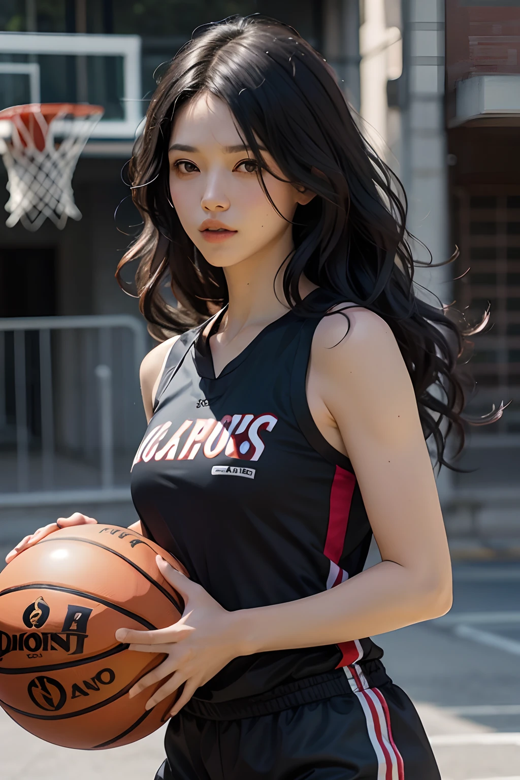 A man with medium black wavy hair, playing basketball, portrait by Yumihiko Amano, featured on cgsociety, pre-raphaelitismn androgynous, sport clothes
