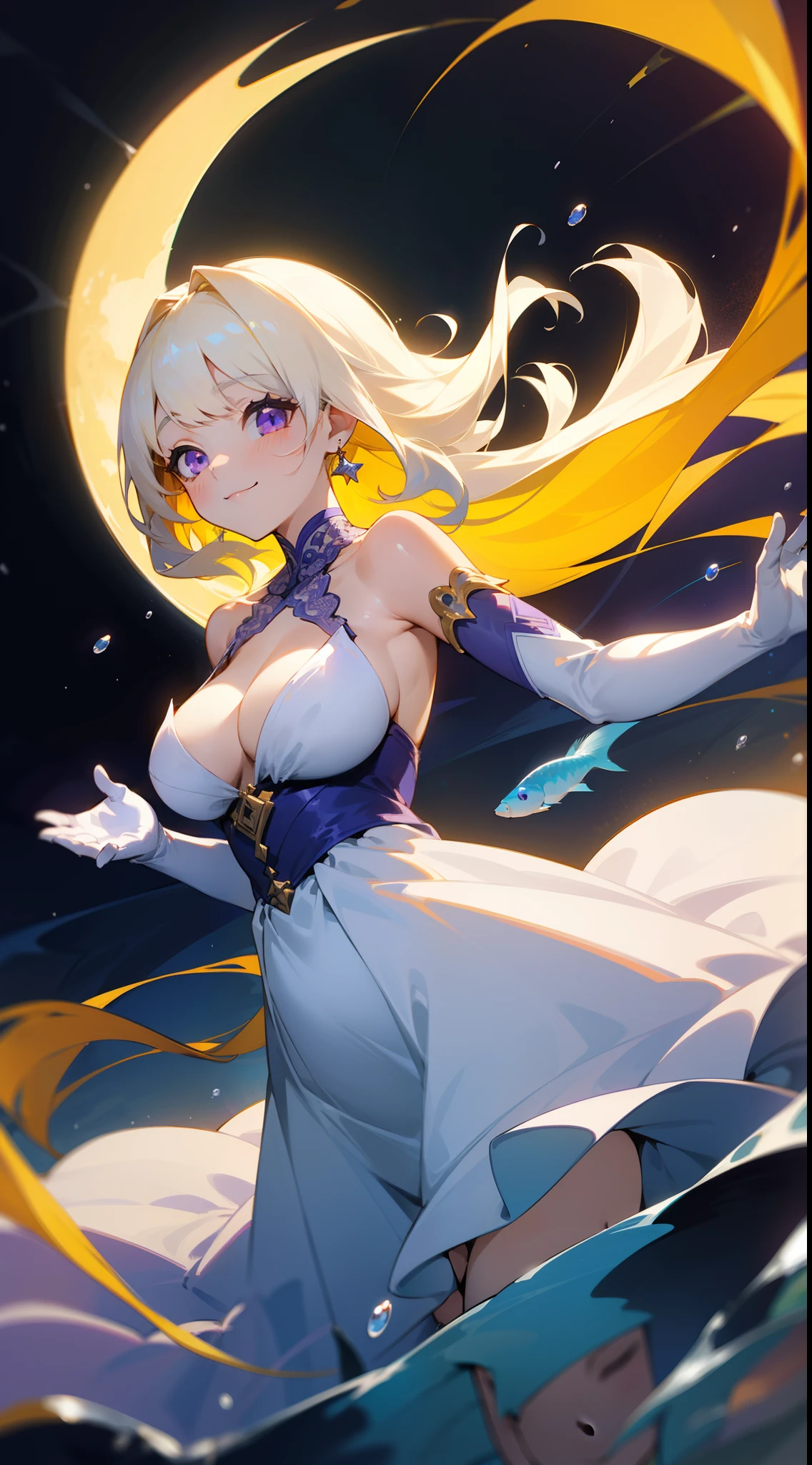 Moon ,Moongazer, 1girl in, Cute, Water, Smile, Asian, Face seen from the side, Fish, Orion, flowingwater, divine ,White hair , Blonde hair ,Purple eyes, dutch_Angle, from a_Below, Floating hair, Large_breasts, Elbow_gloves, floating dress, flowing lace, halterneck,