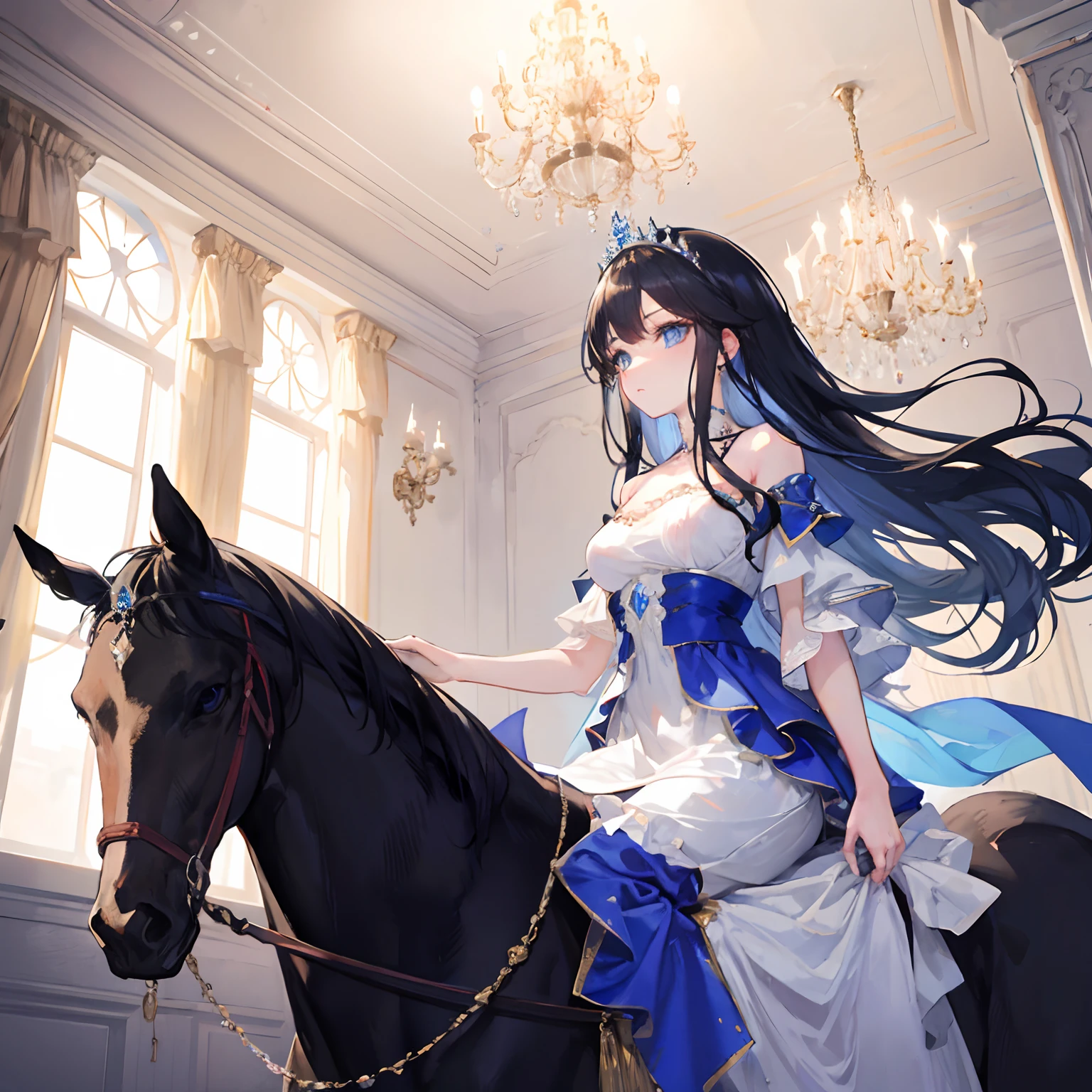 princess,tiara,blue eyes,black hair,long hair,blue and white dress,ride a horse,chandelier