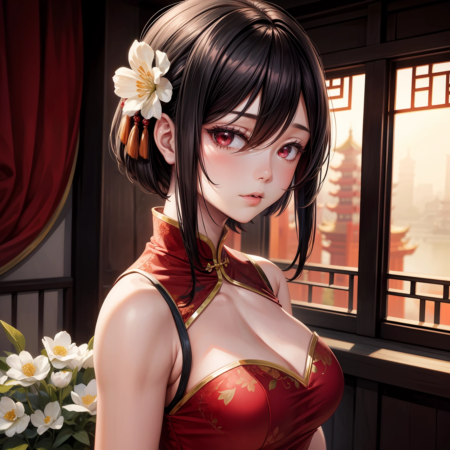 masterpiece, best quality, highres, 1girl, medium bob hair, medium breasts, china dress, elegent, from side, looking back, upper body, partially immersed, flowers, east asian architecture. Sarada Uchiha
