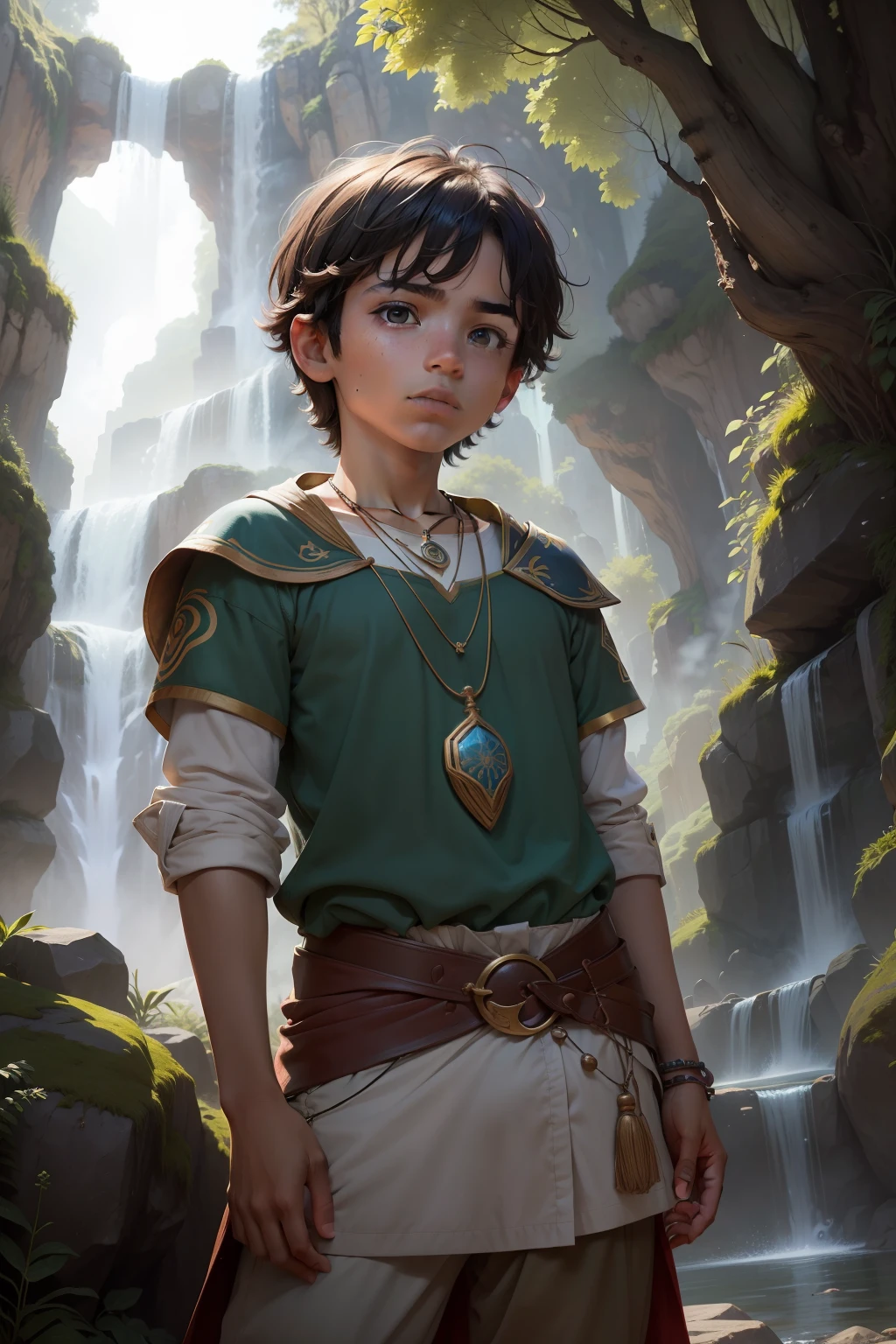 "Iriapu, indio de 8 anos, hero of the book 'The Courage of Iriapu: Uma Jornada de Descoberta', He's a brave kid with dark hair and bright eyes.. He wears a colorful tunic and wears a necklace with a pendant reminiscent of the Fountain of Courage. Iriapu is standing at the top of the Imposing Mountain, looking at the Fountain of Courage that shines with a magical glow. His expression is determined and confident, mostrando a coragem que ele descobriu dentro de si mesmo. Ao fundo, the forest and the village of Alvorada create a magical and mysterious scenery. The illustration captures the moment when Iriapu understands the true nature of courage, simbolizada pela cena impressionante diante dele."