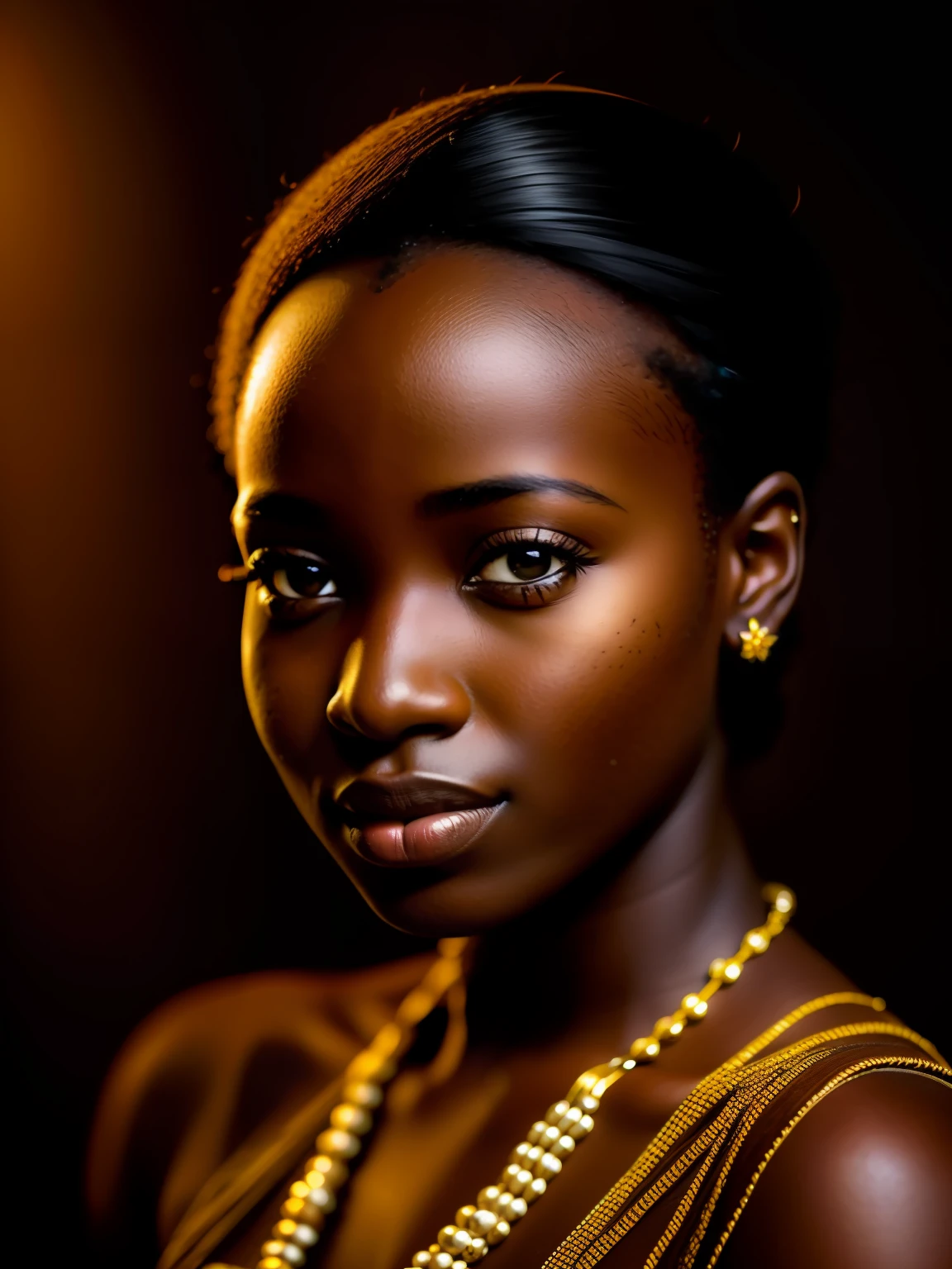 award winning portrait photo of an young ugandan woman, bokeh, backlit, (brown color in detail:1.1), telephoto, elegant atmosphere, realistic, intricate details, true skin tone