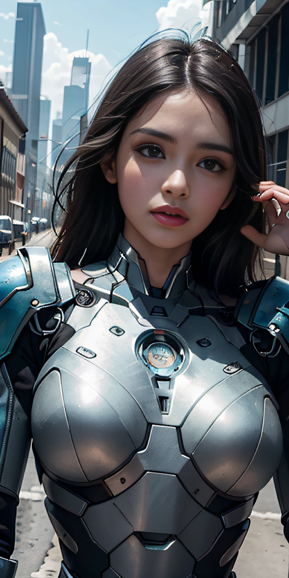 RAW, obra-prima, foto ultrafina, melhor qualidade, Ultra high resolution, fotorrealista, luz solar, retrato de corpo inteiro, incrivelmente bonito, dinamic poses, rosto delicado, olhos vibrantes, (vista lateral), she's using a futuristic Iron Man engine , esquema de cores azul e dourado, highly detailed abandoned warehouse background, rosto detalhado, fundo ocupado detalhado e complexo, arrumado chique, lindo, branco leitoso, pele altamente detalhada, detalhes de pele realistas, visible pores, foco nítido, Volumetric mist, 8k uhd, Full Frame Camera, alta qualidade, grain of film, pele clara, fotorrealismo, lomografia, Booming metropolis in futuristic dystopia, vista de baixo, translucid