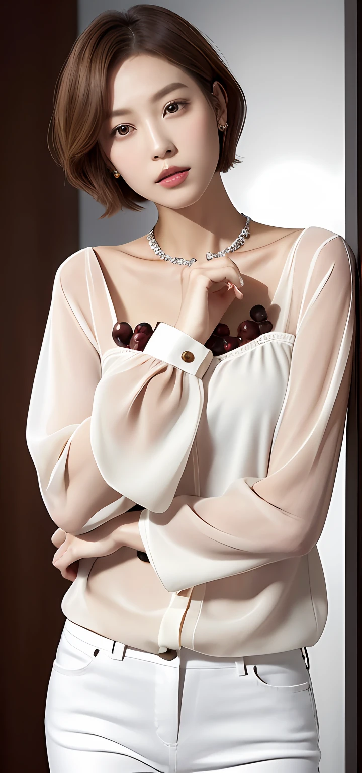 ((masutepiece, of the highest quality, High Definition)),(Woman in photo posing in white pants and brown tuck-gather blouse:1.2), Van Cleef & Arpels style, Bvlgari style, Cartier style, lv jewelry, chaumet style, Bvlgari Jewelry, white trendy clothes, Cute:2, lulu chen,Elegant makeup, (Elegant berry shorthair, short haircut with visible ears,,,,,,Light brown hair color: 1.4)