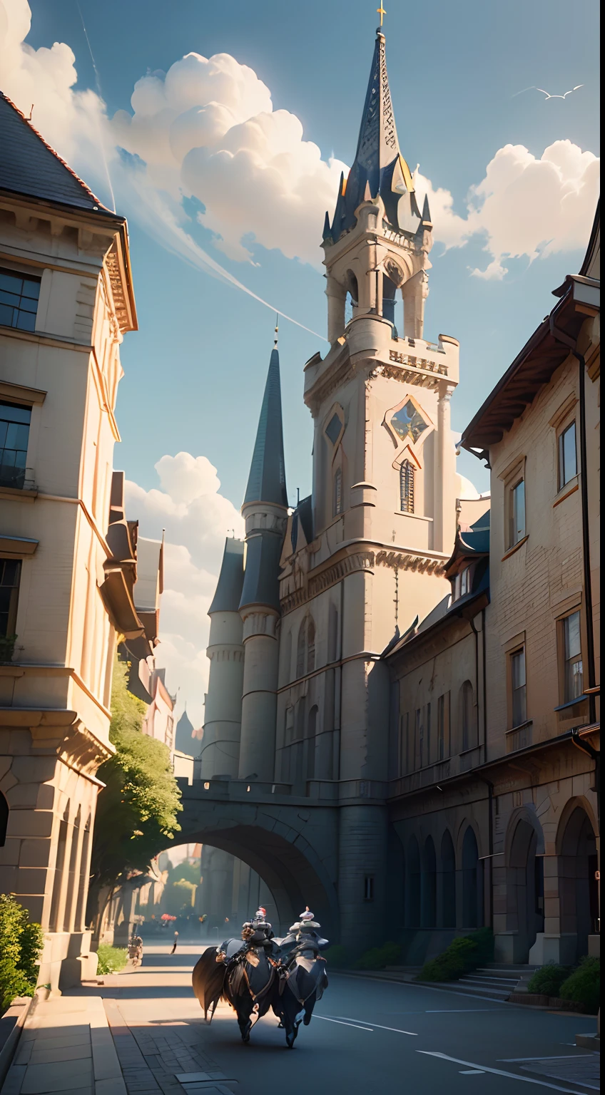 Cartoon style, polygon, game scene atmosphere map, pixar style, exaggerated design, fantasy, knight in white and black hat, imperial city, noble coronation, full traffic, flagpole, castle vista, fish flying in the sky, royal guard, salute music, crowds, pets are watching, casual play style, low poly, lowpoly, best detail, cartoon style, 3d, masterpiece, best quality, unreal engine, cartoon rendering, 8K