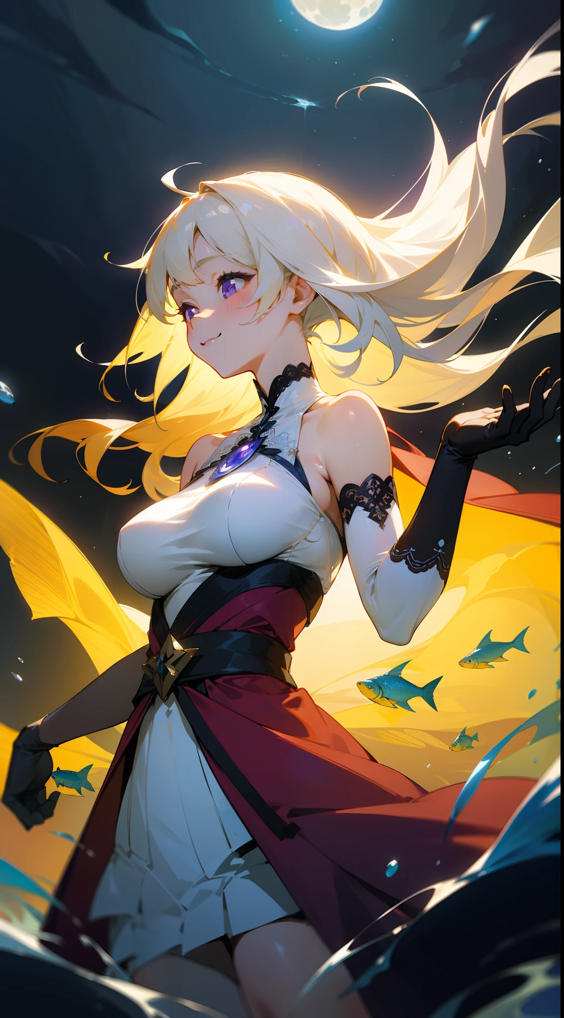 Moon ,Moongazer, 1girl in, Cute, Water, Smile, Asian, Face seen from the side, Fish, Orion, flowingwater, divine ,White hair , Blonde hair ,Purple eyes, dutch_Angle, from a_Below, Floating hair, Large_breasts, Elbow_gloves, floating dress, flowing lace, halterneck,