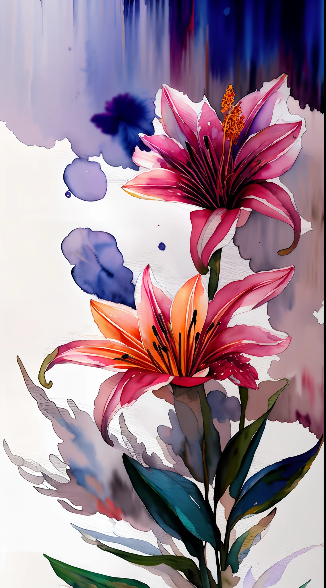 wtrcolor style, digital art of (lilies), official art, blown by the wind, masterpiece, beautiful, ((watercolor)), paint splatter, intricate details. Great detail, [dripping:0.5], trending on Artstation, Rachel Walker