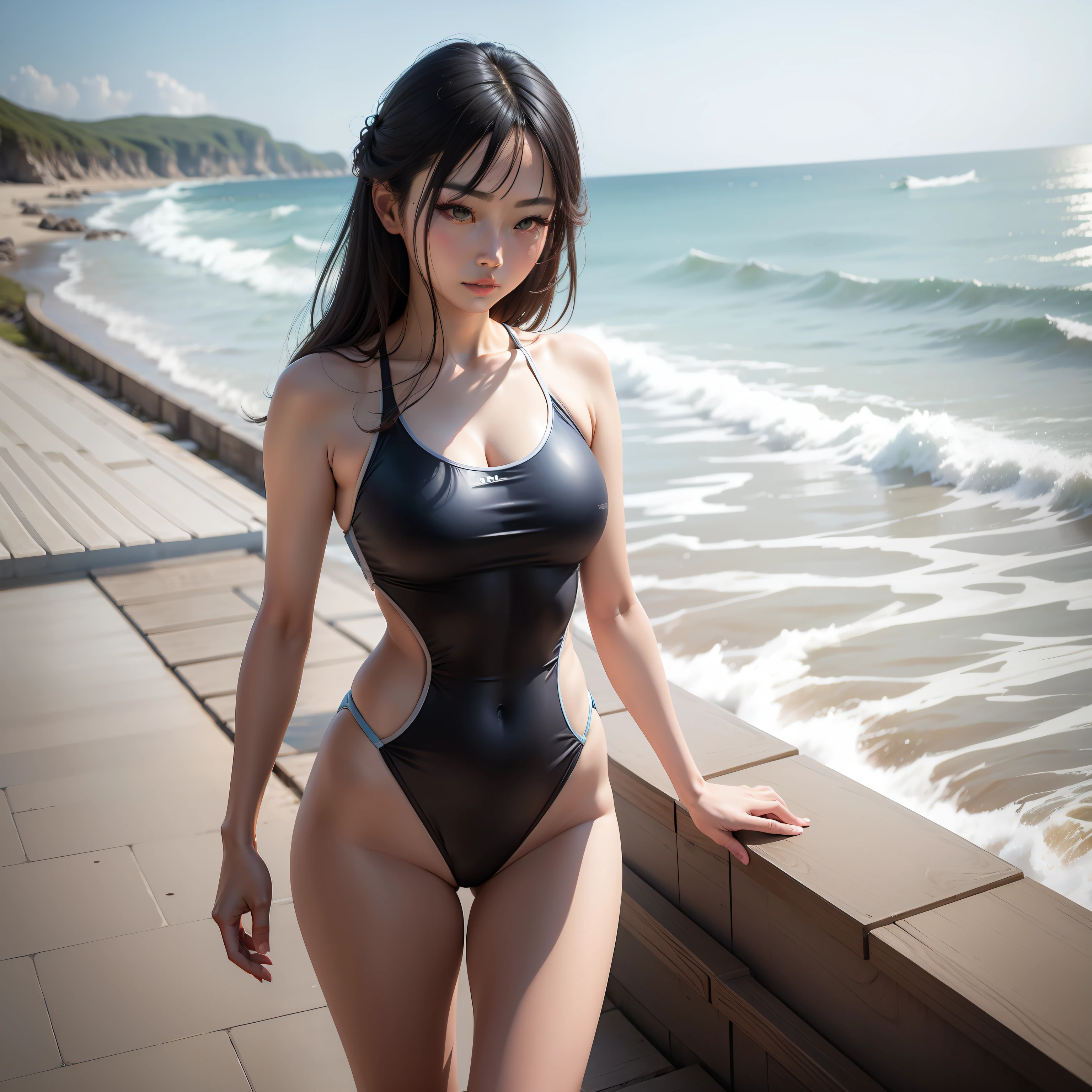 Gan Yu walks by the sea in a bathing suit