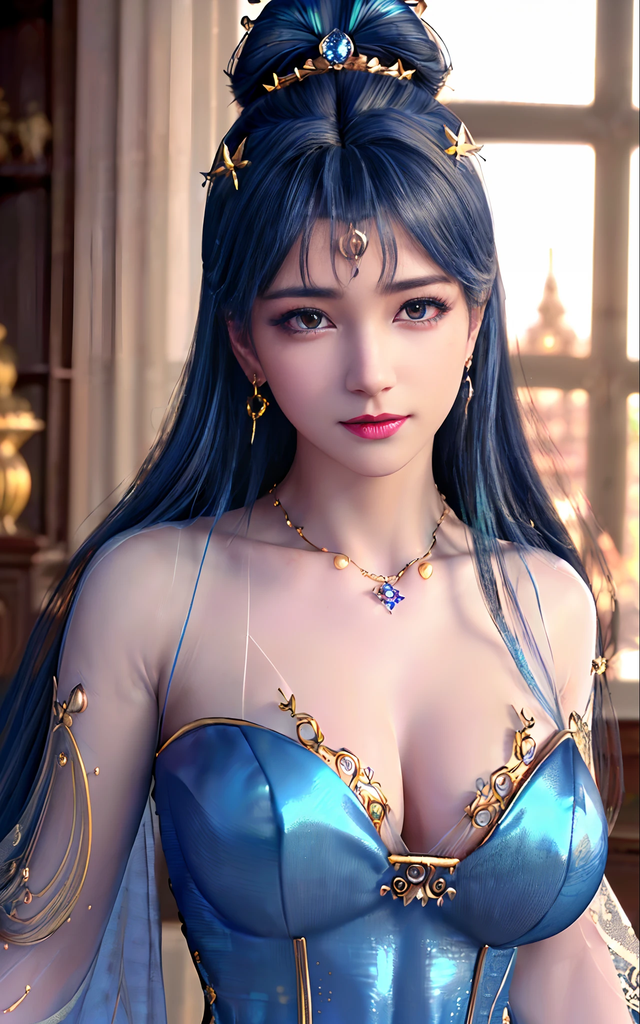 ((realisticity: 1.2)), ((best resolution: 8K UHD)), best quality,masterpiece,highres,cg, ((1 super detailed and super realistic girl)), ((very beautiful queen dazzling, super realistic, and super detailed)),((white skin, beautiful, smooth, youthful, super realistic and super detailed )), long hair, ((super realistic and super detailed dress)), solo, ((super realistic, super beautiful, gorgeous and super detailed jewelry)), ((super beautiful, super realistic and super detailed dark blue and golden yellow dress)), ((super beautiful, super realistic, super detailed diamond filled earrings)), ((super beautiful, super realistic and super detailed diamond filled hair ornament)), ((super beautiful upper body, super beautiful, super realistic and super detailed)), ((big breasts: 2.5)), ((super grand, super realistic and super detailed royal palace backgroun)) ((super beautiful, super beautiful, super realistic and super detailed hair bun)), ((super beautiful, super realistic and super detailed blue hair)), candid, Photograph, high resolution, 8k,Bokeh,