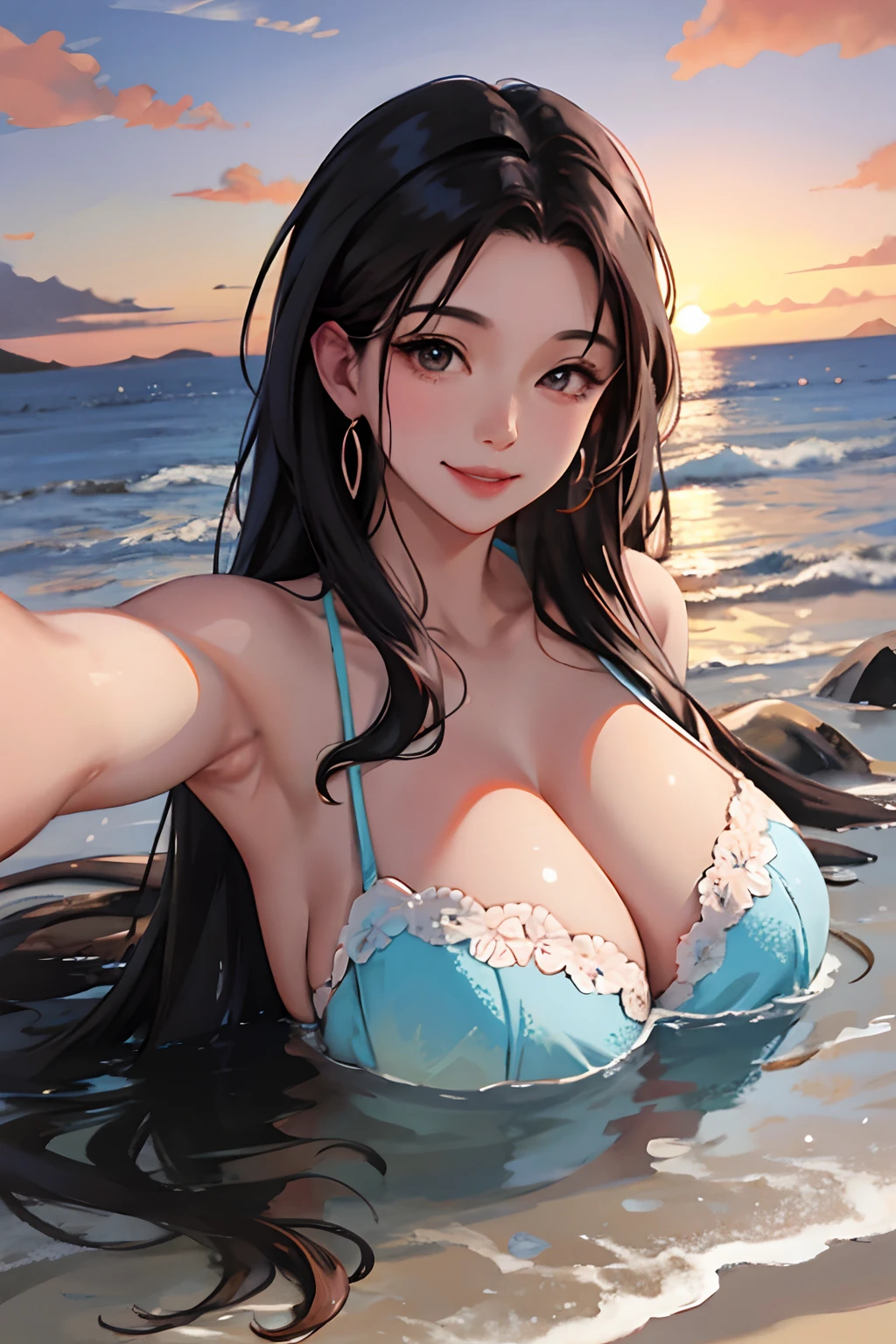 realisticlying、3 Real Adult Women、Taking a selfie、Keep your body in close contact、A slightly larger sea accentuates the sunset、Smile sexily、Cleavage emphasis、Face Real