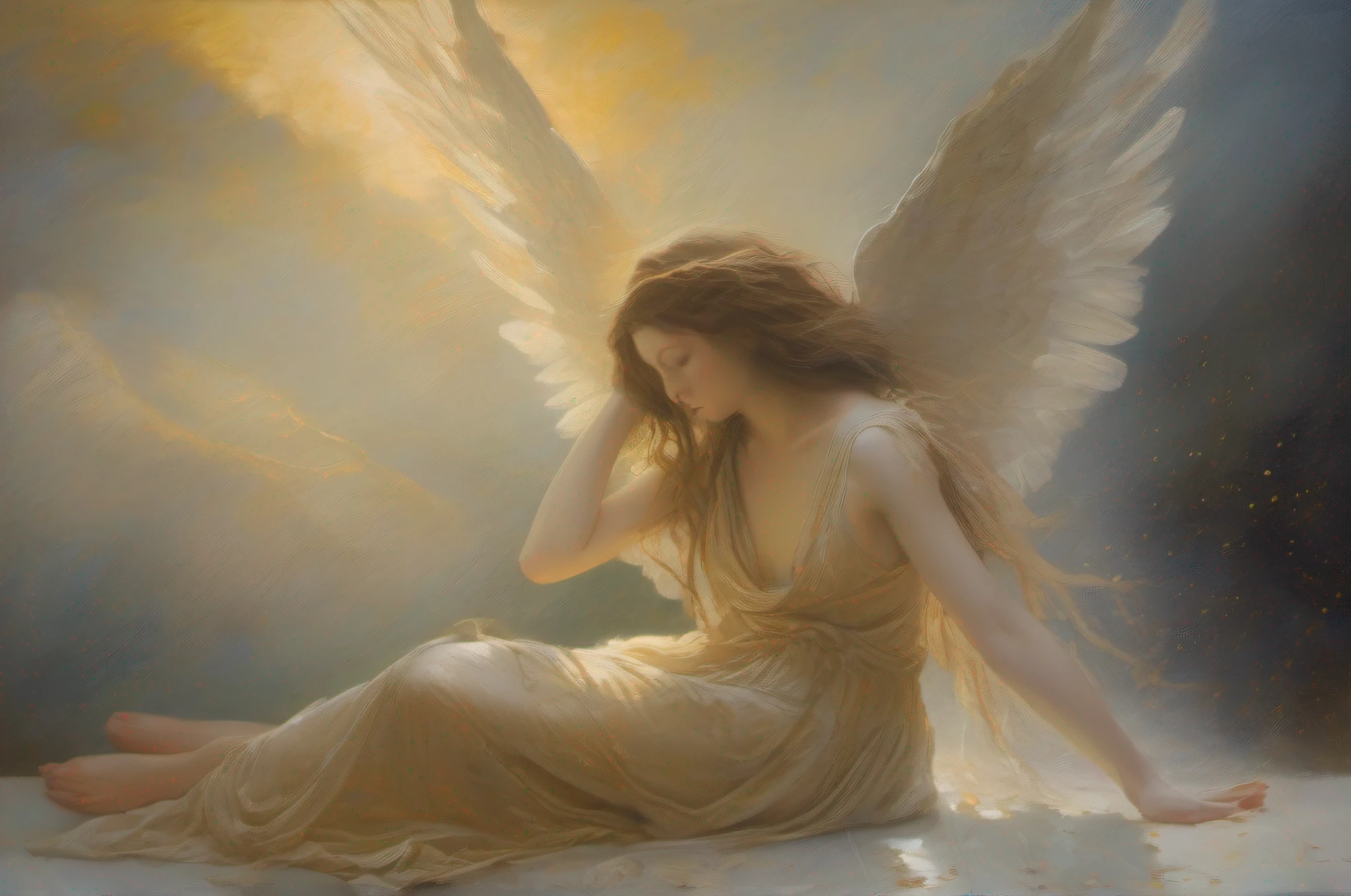 A classical symbolist painting of a fallen female angel descending in contrapicado, warm light emerging around her, with a mournful expression and fading ethereal color palette, wings majestic but frayed, releasing particles of light amidst falling raindrops and windblown hair, representing the bittersweet emotions of transitioning from divinity to humanity.