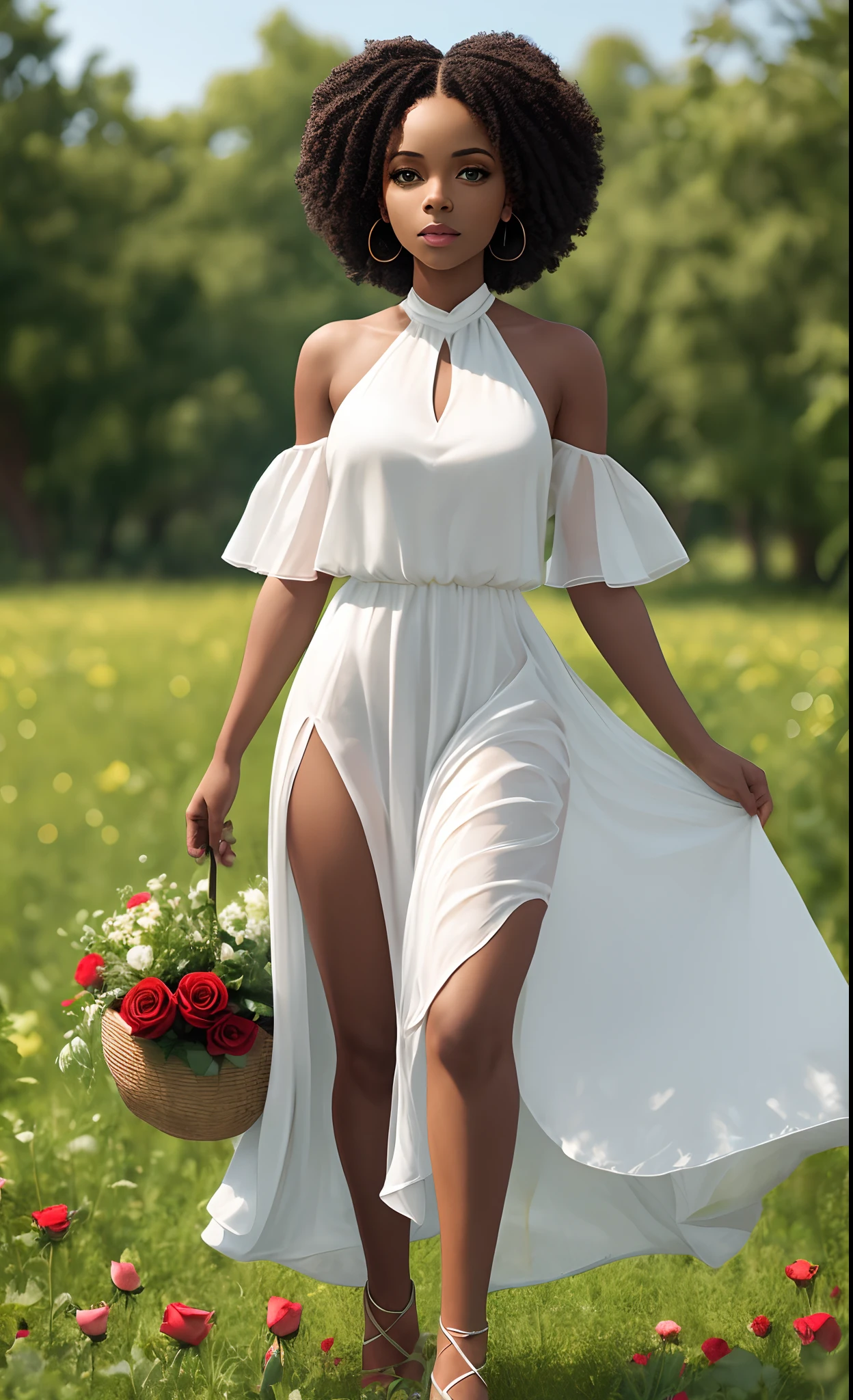 black woman ((full body)), green eyes, white dress, field with red roses --auto --s2