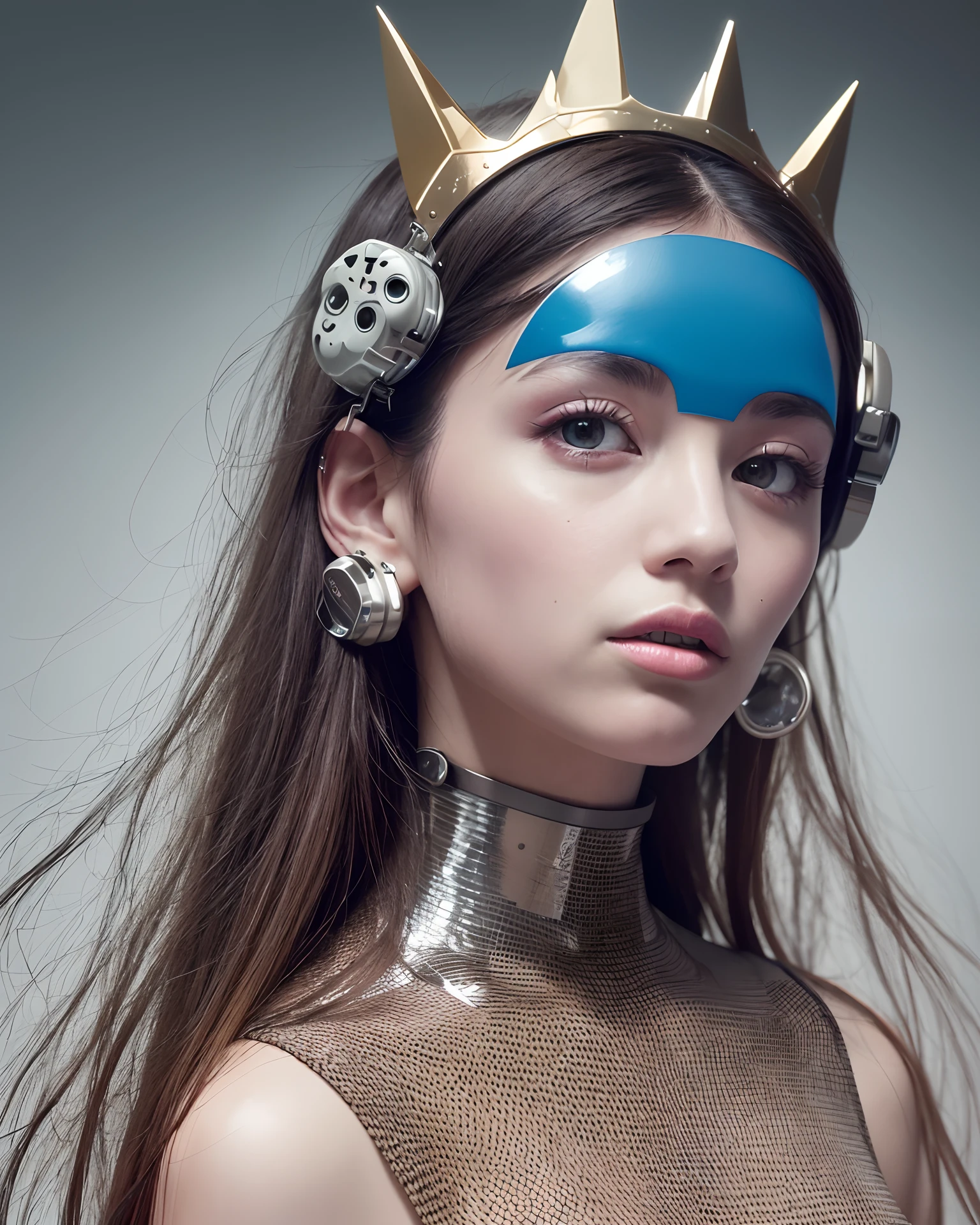 high fashion portrait,minimalist sci-fi no-face-creature wearing machine crown high fashion in the style of dior shot by viviane sassen,[light+space of james turrell+bauhaus],super telephoto,photo realistic,cybernetic,commercial lighting,8k,85mm lens, --auto --s2
