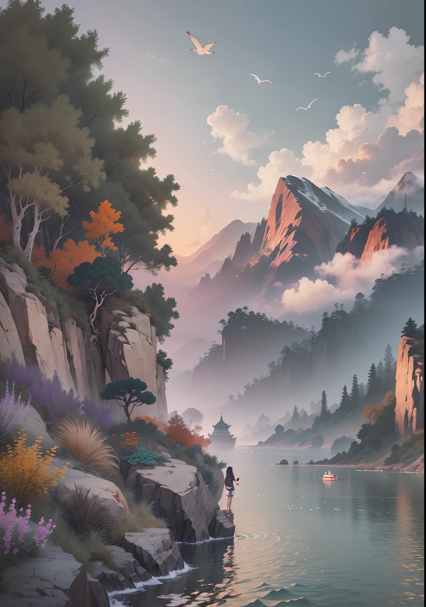 a cute teeanage asian girl on a boat in a deep ocean, surrounded by moutains on one side, purple clouds, evening time, birds flying,realistic, ar-- 16:9 --auto --s2