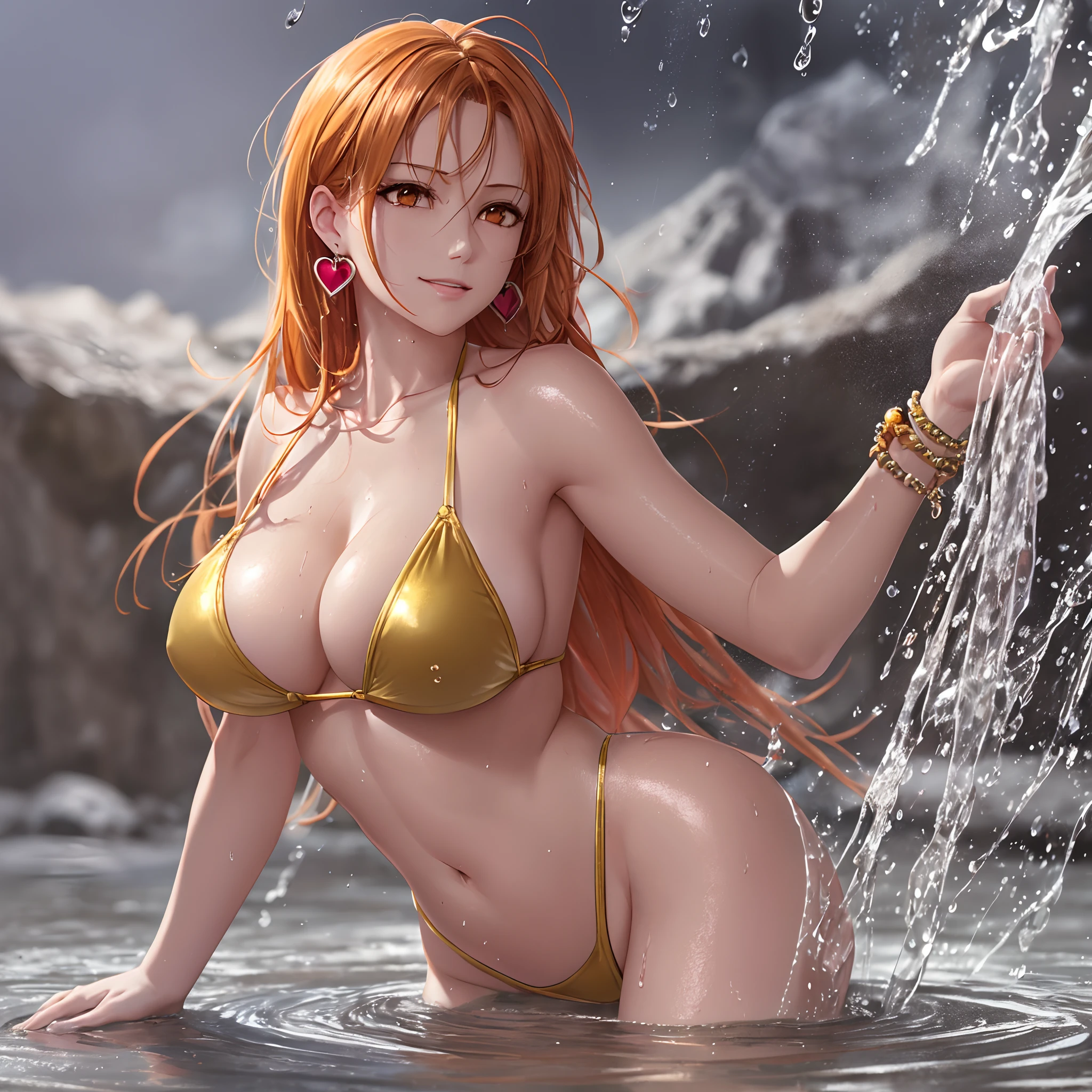 Nami, from one piece, (wearing a green transparent cloth cheongsam, cheongsam chest opening, the highest fabric material, fabric 8k performance, physics engine computing presentation):: 1.96. (high quality, detailed CG art), (beautiful illumination and shadow, floating effect) (1 person) (hair shine, grown hair: 1.2 + orange hair: 1.6), when the skin between the chest and lower abdomen is moist, dripping water droplets and sweat slide down together, sexy and gorgeous, still photos convey dynamic effects. (extremely detailed, finely crafted, highest image quality, strong specular reflection in the bikini, clear latex texture) The woman is beautiful, extremely sexy, beautiful and moving, full of allure, and the transparent texture of the leggings is just right, which is eye-catching. ((NSFW,low saturation)) ((oily skin)),((droplets of water on the skin)),((erotic)):1.6。 Body moist and shiny, body moist and shiny, body moist and shiny, bigger breasts, bigger ass. ((masterpiece)), best quality, ultra-detailed, highly realistic, wet all over, bathed in rain, every bead of sweat is clearly visible. (Masterpiece:1.6), (best quality:1.5), ultra highres,1girl, extremely detailed,8k, beautiful, detailed eyes, looking at viewer, strong dark colors, (depth of field), (dynamic), (epic), Sharp focus, (intricate details: 1.86), full color, nano \ (one piece), bangs, bare shoulders, belt, gold striped transparent heart nipple sticker, blue sky, bracelet, breasts, (orange eyes: 1.72), bubbles, cleavage, clouds, day, earrings, flowing hair, blue transparent heart nipple patch, groin, pronounced vest line, jewelry, big breasts, log pose, long hair, navel, orange hair, transparent latex pants, shoulder tattoo, collarbone pronounced, sky, smile, single, standing, abdomen lewd lines, Upper body only breast patches, tattoos, pirate ships, (one piece), (strong: 1.4), (full body)), body moist and shiny --auto --s2