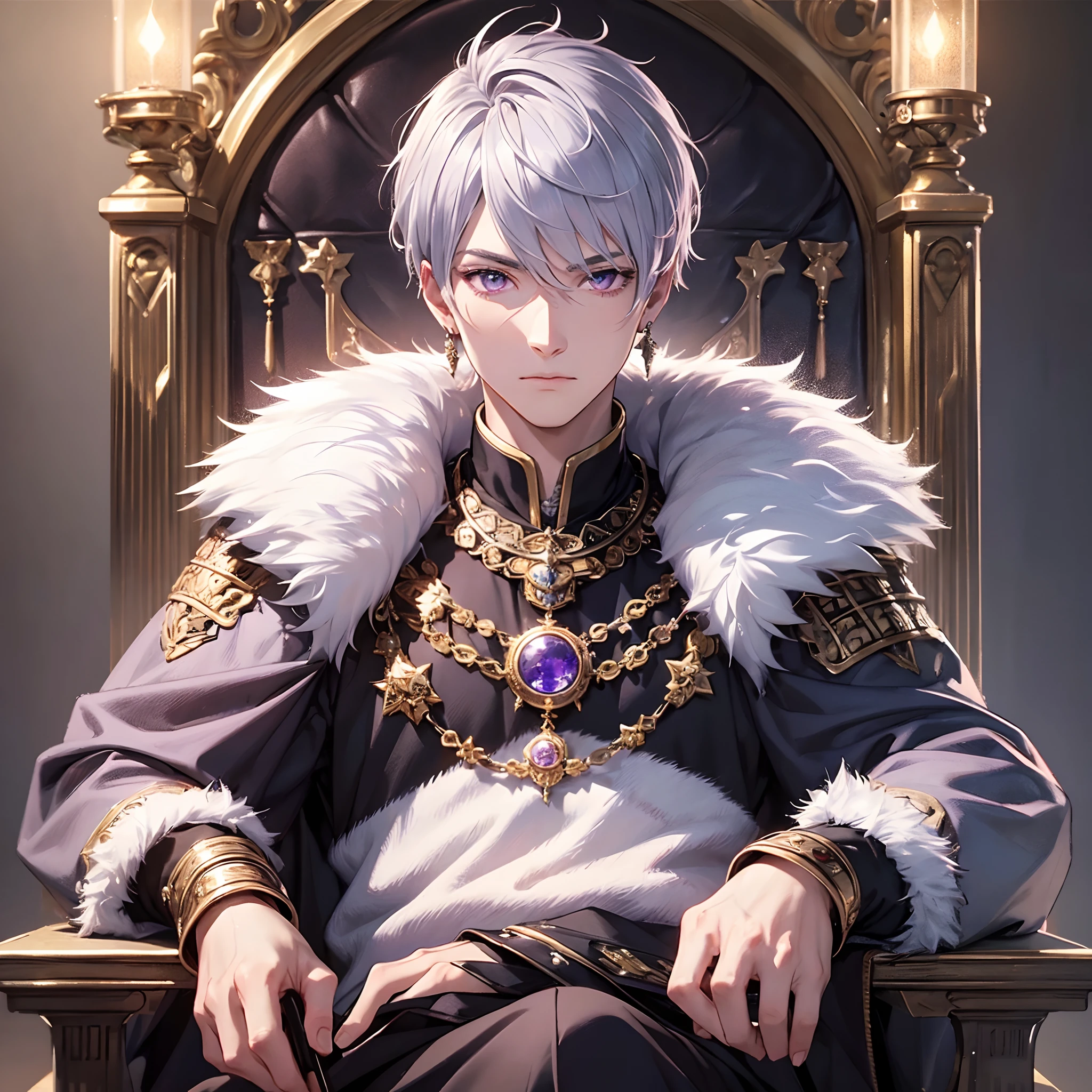 (masterpiece), (best quality), (ultra-detailed), (1boy), male focus, solo, majestic, lighting, 8k res, violet eyes, silver hair, short hair, looking at the viewer, detailed hair, earring, medieval, sitting, jewelry, fur trim, throne, handsome --auto --s2