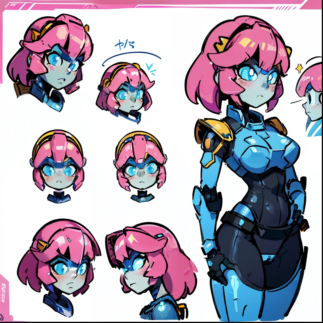 (NSFW:0.8), ((masterpiece)), best quality, a cartoon anime style, toonish style, (1girl, character sheet:1.4), front view, side view, back view, (feminine figure, butt, pretty, beautiful, sexy), reimagine a female mecha space ranger soldier character with a strong and heroic appearance, (futuristic armor suit:1.5), (different expressions:2), (energy sword on hip:1.3). Use the color scheme of metallic pink and white for her armor suit. Emphasize the dynamic pose and the presence of her being in galaxies and stars in the to enhance the sense of her space adventure.