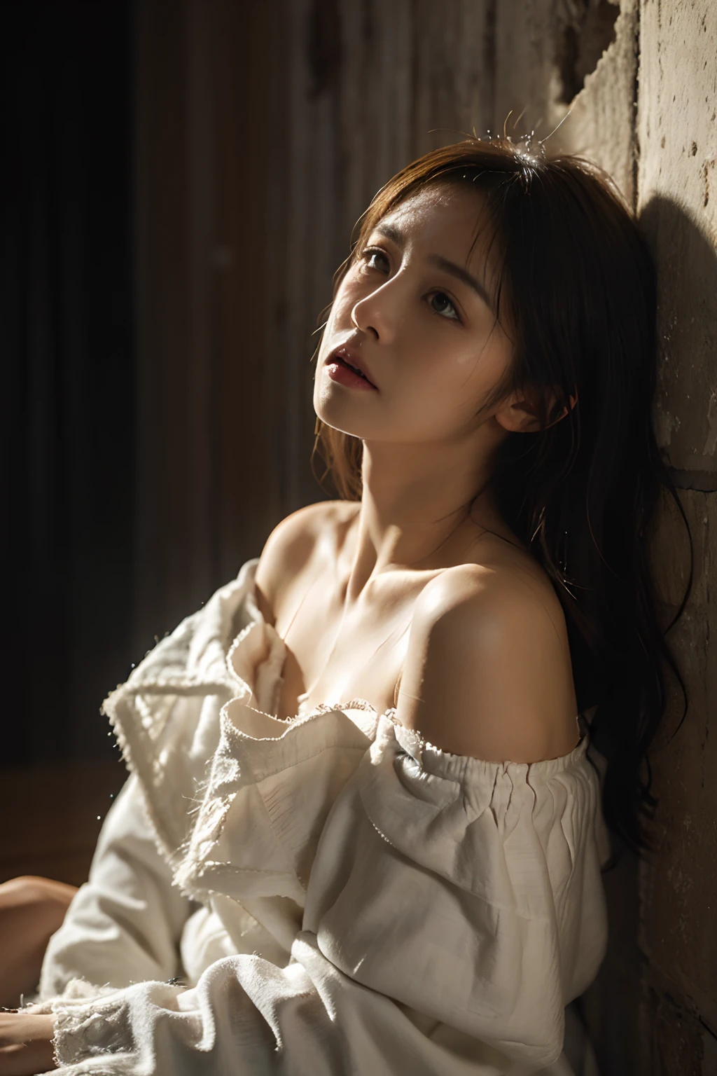 Best quality, masterpiece, ultra high res, (photorealistic:1.4), raw photo, (Authentic skin texture:1.3), (film grain:1.3), panorama, character portrait, very wide shot, narrow waist, cowboy shot, (in the dark, deep shadow, low key, cold light,) night, close-up, streaming tears,
indoor, dust, Tyndall effect, sad, disappointed, gloom (expression), sitting, (against wall), crying, frown, (head bowed), nervous, tearing up, lonely,
1girl, beautiful detailed eyes and face, white jabot, off shoulder, brown eyes,