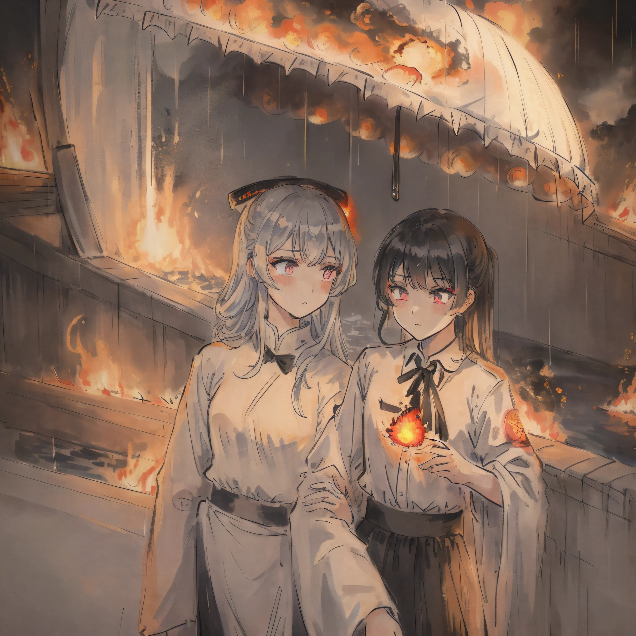 (((masterpiece))),best quality, illustration,(beautiful detailed girl),beautiful detailed glow,((flames of war)),(((nuclear explosion behide))),rain,detailed lighting,detailed water,(beautiful detailed eyes),expressionless,palace,azure hair,disheveled hair,long bangs,hairs between eyes,(whitegrey dress),black ribbon,white bowties,midriff,big forhead,blank stare,flower,long sleeves