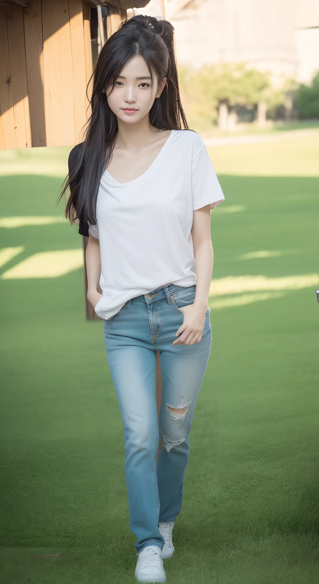 ((Best quality, 8K HD, Masterpiece: 1.3)),(Wet clothes: 1.1), (rain, grassy fields: 1.3), 1 beautiful woman taking pictures on the grass，RAW photos，tmasterpiece，（highdetailskin：1.2），8k ultra high definition，digital SLR camera，gentlesoftlighting，high high quality，filmgrain，富士XT3，20 years old Asian woman，Wear simple clothes，T-shirt and skinny jeans，Detailed clothing details:1.3，perfect body figure，Perfect breasts and nipple bulge，The legs are straight and slender，（（Branded stylish shoes:0.6）），Super detailed facial details and skin，Fair pink face and skin，The skin is pink，with light glowing，二重まぶた，Super detailed eyes，(Gloss on lips, eyeslashes, Glossy face, Best quality, Super high resolution, warm color，Wide lighting, naturalshadow), Sense of postural diversity, Full body shooting: 1.8