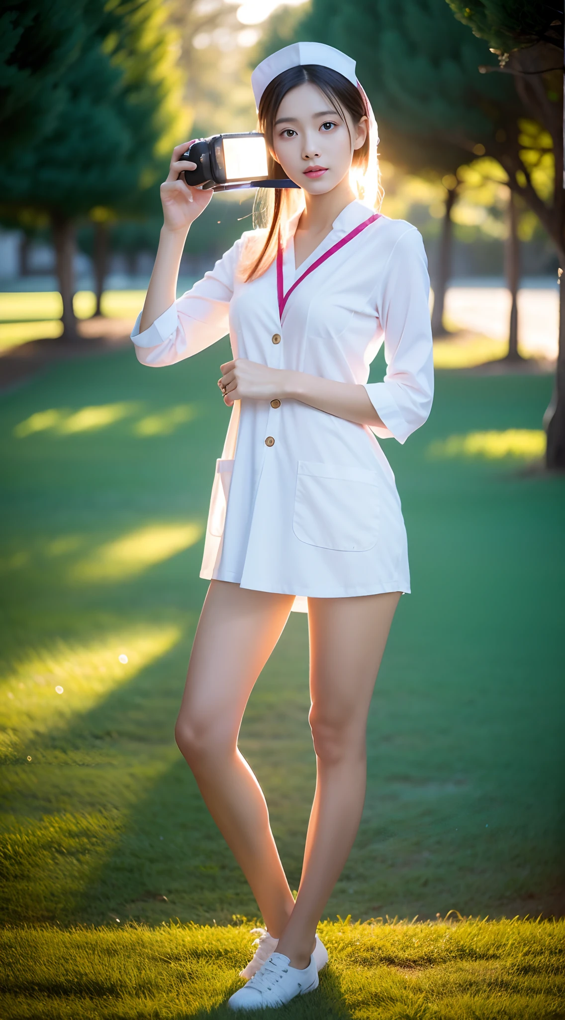 1 beautiful woman taking pictures on the grass of the villa,RAW photos,tmasterpiece,(highdetailskin:1.2),8k ultra high definition,digital SLR camera,gentlesoftlighting,high high quality,filmgrain,富士XT3,20 years old Asian woman,Wear simple clothes,(White long nurse uniform:1.2 and long skinny jeans:0.7,Detailed clothing details:1.3),perfect body figure,Perfect breasts and nipple bulge,The legs are straight and slender,Branded stylish shoes:0.6,Super detailed facial details and skin,Fair pink face and skin,The skin is pink,with light glowing,二重まぶた,Super detailed eyes,(Gloss on lips, eyeslashes, Glossy face, Best quality, Super high resolution, warm color,Wide lighting, naturalshadow), Sexy, Full body shooting: 1.8