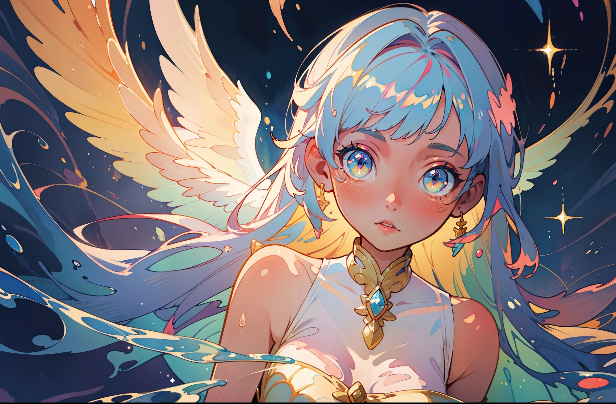 masterpiece, best quality, sharp focus, 8k, intricately detailed environment, anime, watercolor illustration, colorful, bright colors, whimsical, glowing lights, liquid otherworldly, fairy lights, beautiful girl in flowing liquid glowing dress, perfect face, golden ratio, sparkling eyes, watercolor, liquid light, angel wings